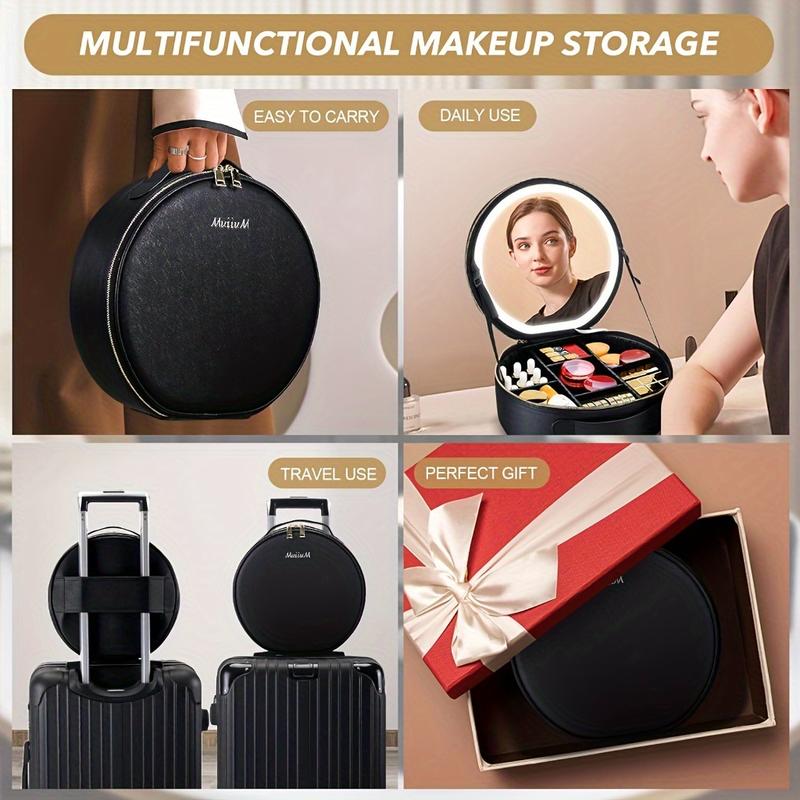 Makeup Bag Cosmetic Case Round Cosmetic Case Portable Travel Makeup Train Case Beauty Box, Cosmetic Case With Mirror With Light, Adjustable Dividers Brush Pouch