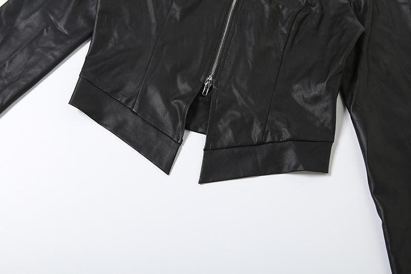 DOUCIU Classic Retro Matte Tight Sexy Hot Street Personality Cool Versatile Bar Party Women'S Thin Solid Color Zipper Long-Sleeved Top Shorts Two-Piece Set Womenswear