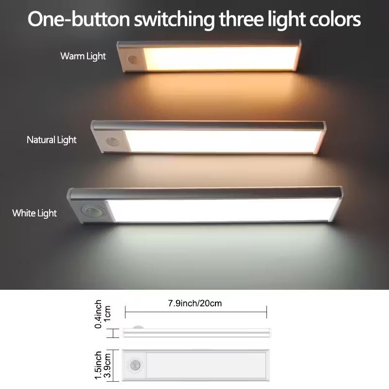 LED Motion Sensor Cabinet Light, USB Rechargeable, Anti-Glare Aluminum Alloy, Adjustable Three-Color Warm Closet Lamp, Wireless Magnetic Strip Nightlight