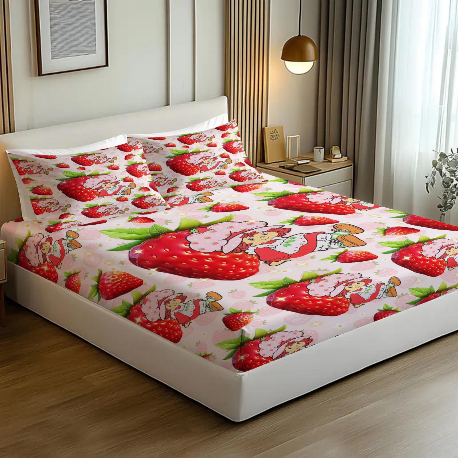 Strawberry Shortcake Purple Dot Fitted Sheet Set, 1 Fitted Sheet + 2 Pillowcases - 3 Pcs Soft Bedding with Deep Pocket, 360° Full Coverage, Wrinkle Free, Cute Strawberry Cartoon Bed Sheets for Girls, Full Size