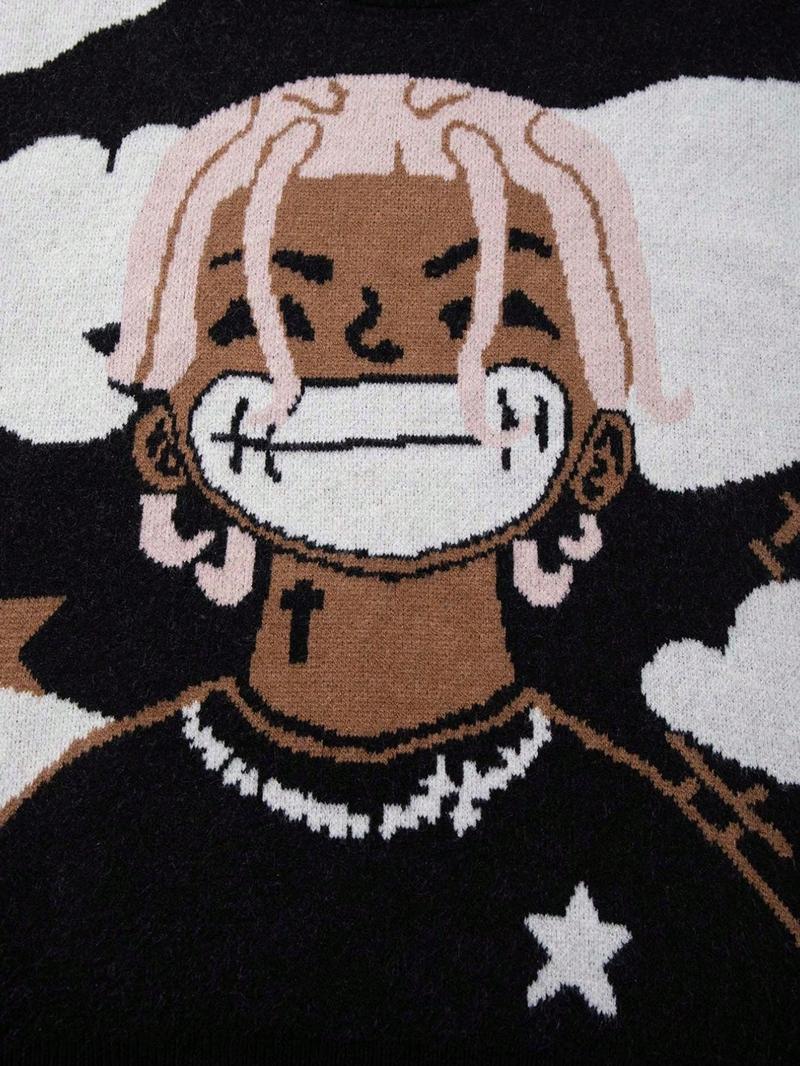 Men's Casual College Style Knit Sweater, Multicolor Cartoon Pattern, Star Cloud Jacquard Design, Round Neck Loose Fit Pullover