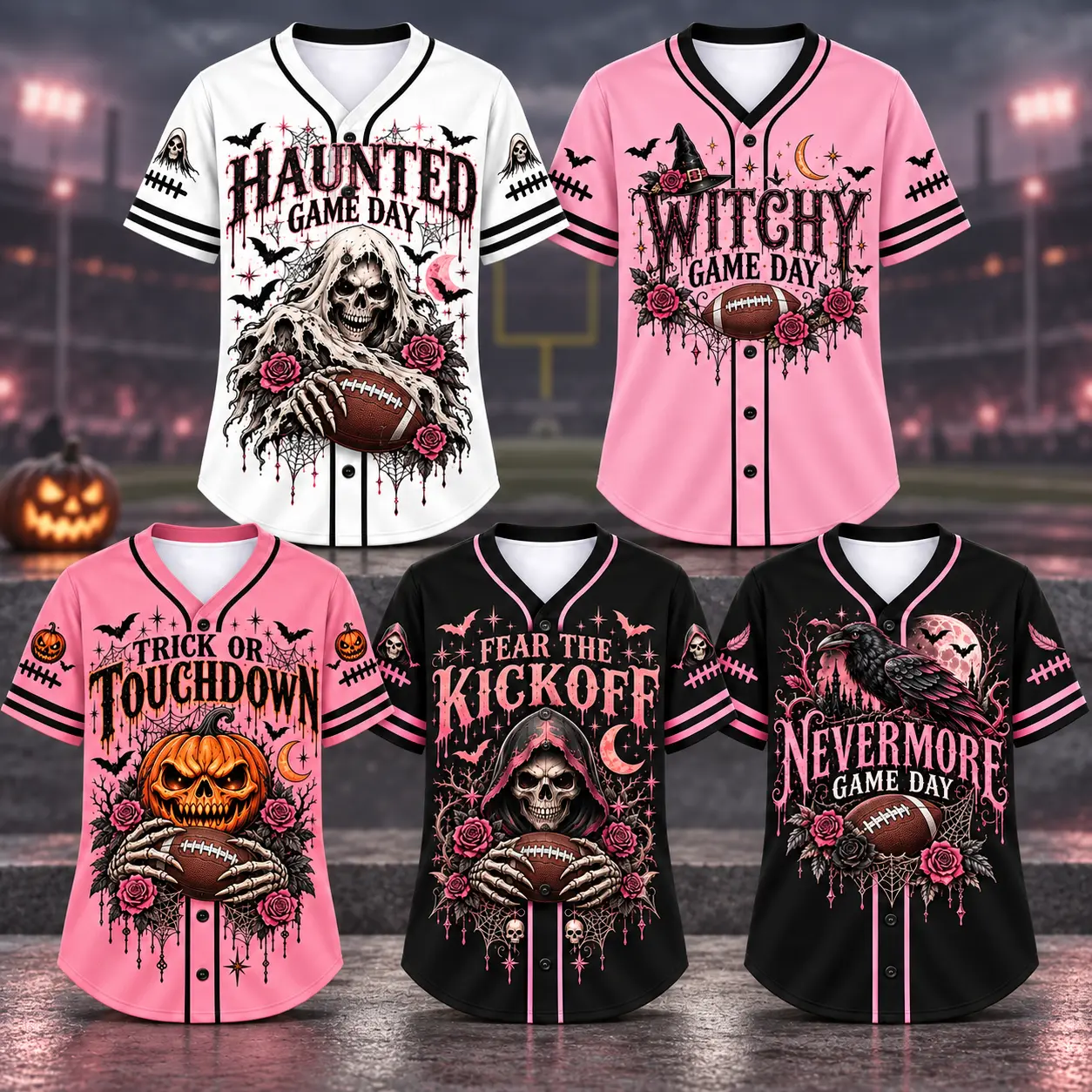 Halloween Baseball Jersey for Men and Women, Black and Pink Skull Football Graphic Shirt, Short Sleeve Button-Up V-Neck Top with Grim Reaper, Roses and Bats, Front and Back Print for Game Day, Tailgate Parties, Fall Outfits and Halloween Celebrations