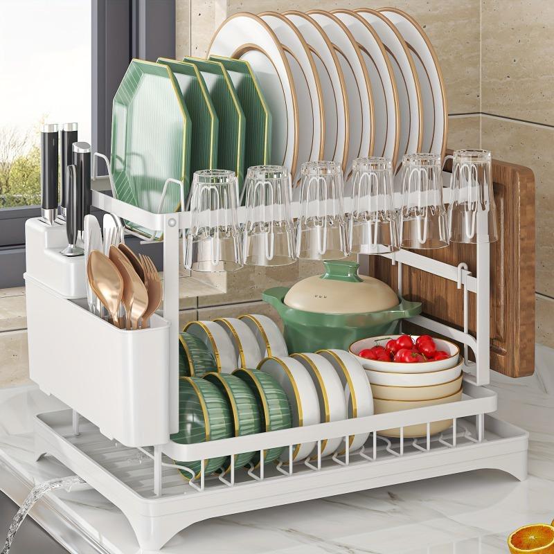 Double drain rack, kitchen countertop dish rack, kitchen accessories with drain tray and cutlery rack
