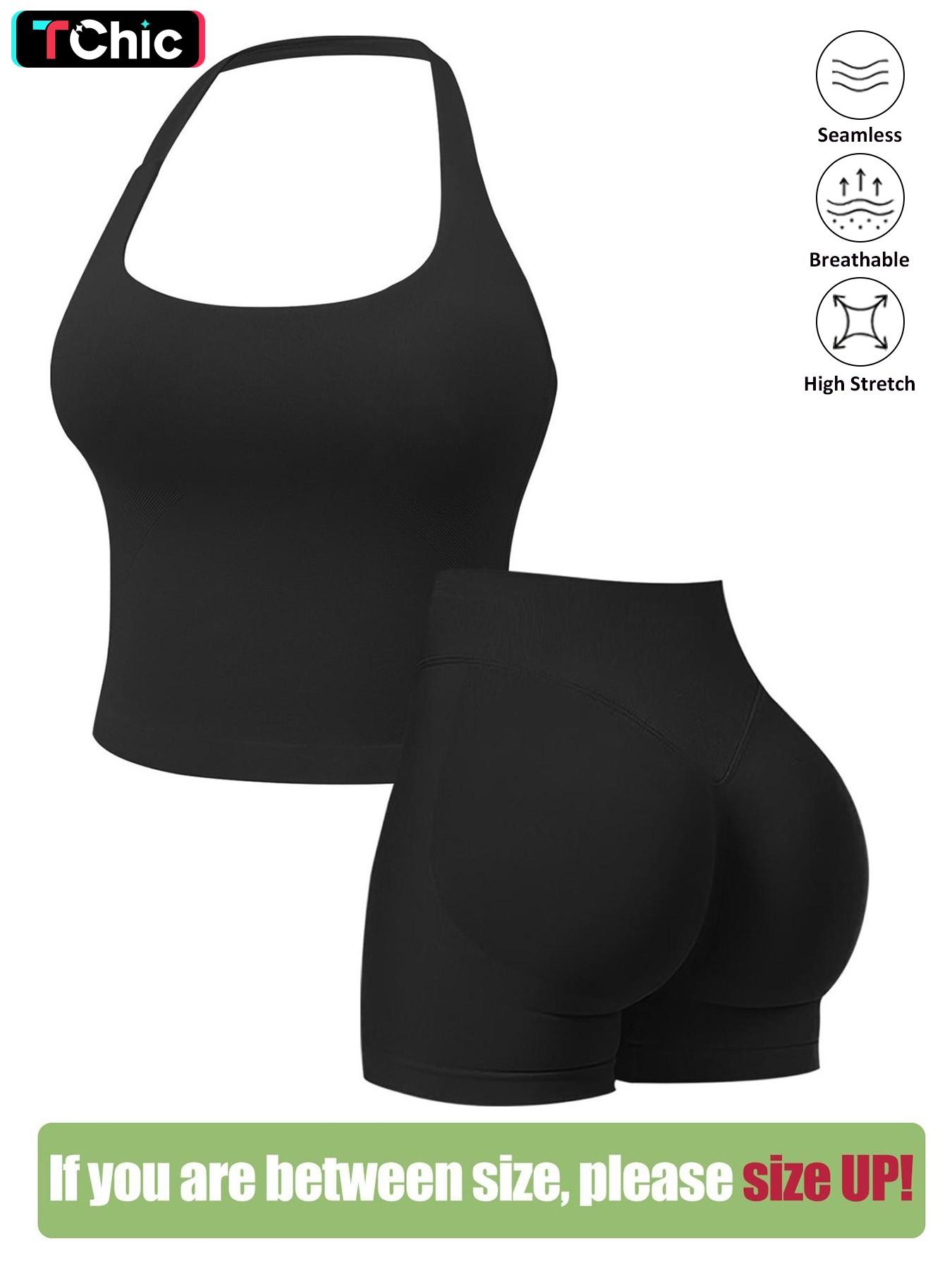 Seamless Workout Sets, Activewear Set for Women, Fitness Outfits, Women Workout Clothes, Halter Tank Top & Gym Scrunched Shorts Sports Set, Breathable Quick Drying Outfits for Yoga Gym Workout Running, Sportswear for Summer