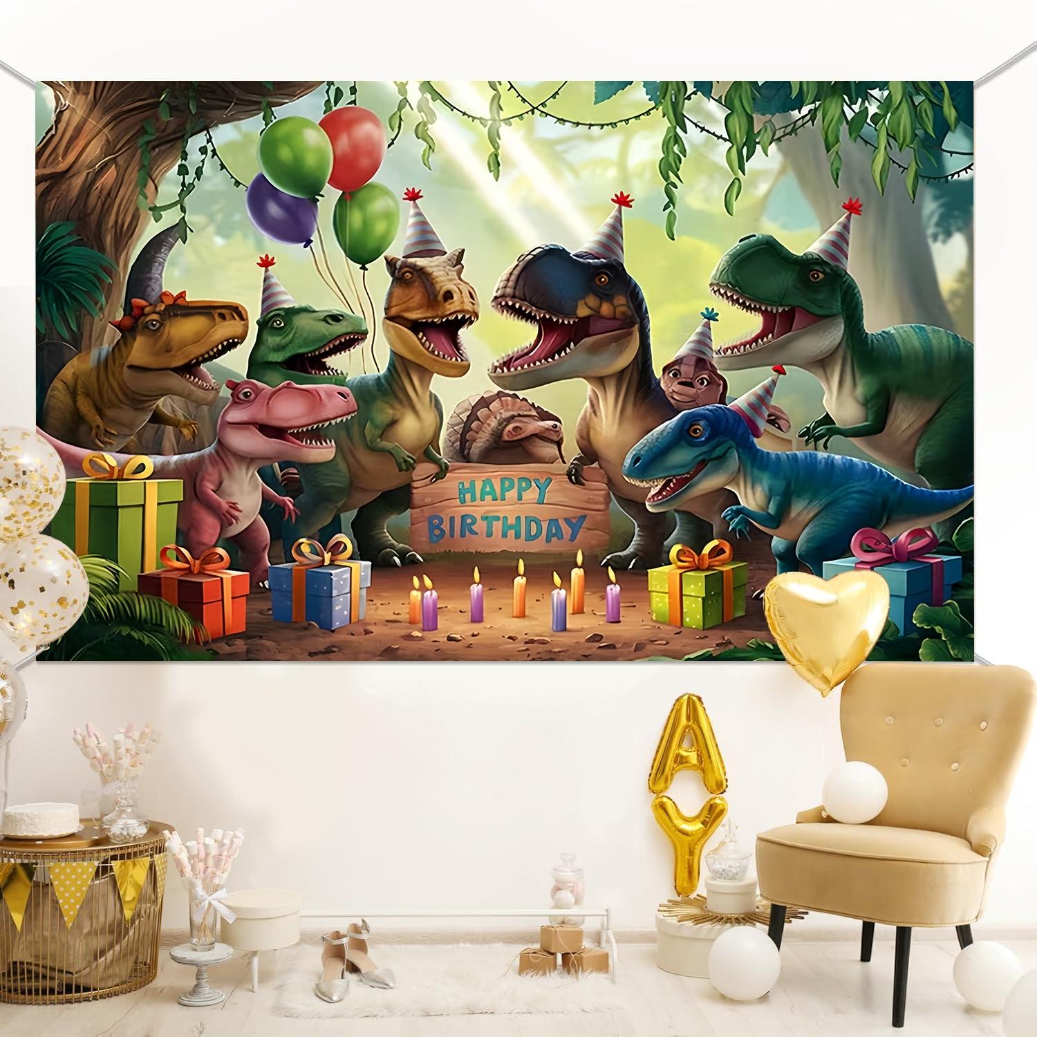 Dinosaur birthday party background banner with cartoon dinosaurs, balloons, and gifts, decorated with polyester material background cloth, suitable for photo booths, parties, birthdays, celebrations, and indoor and outdoor home birthday party decoration