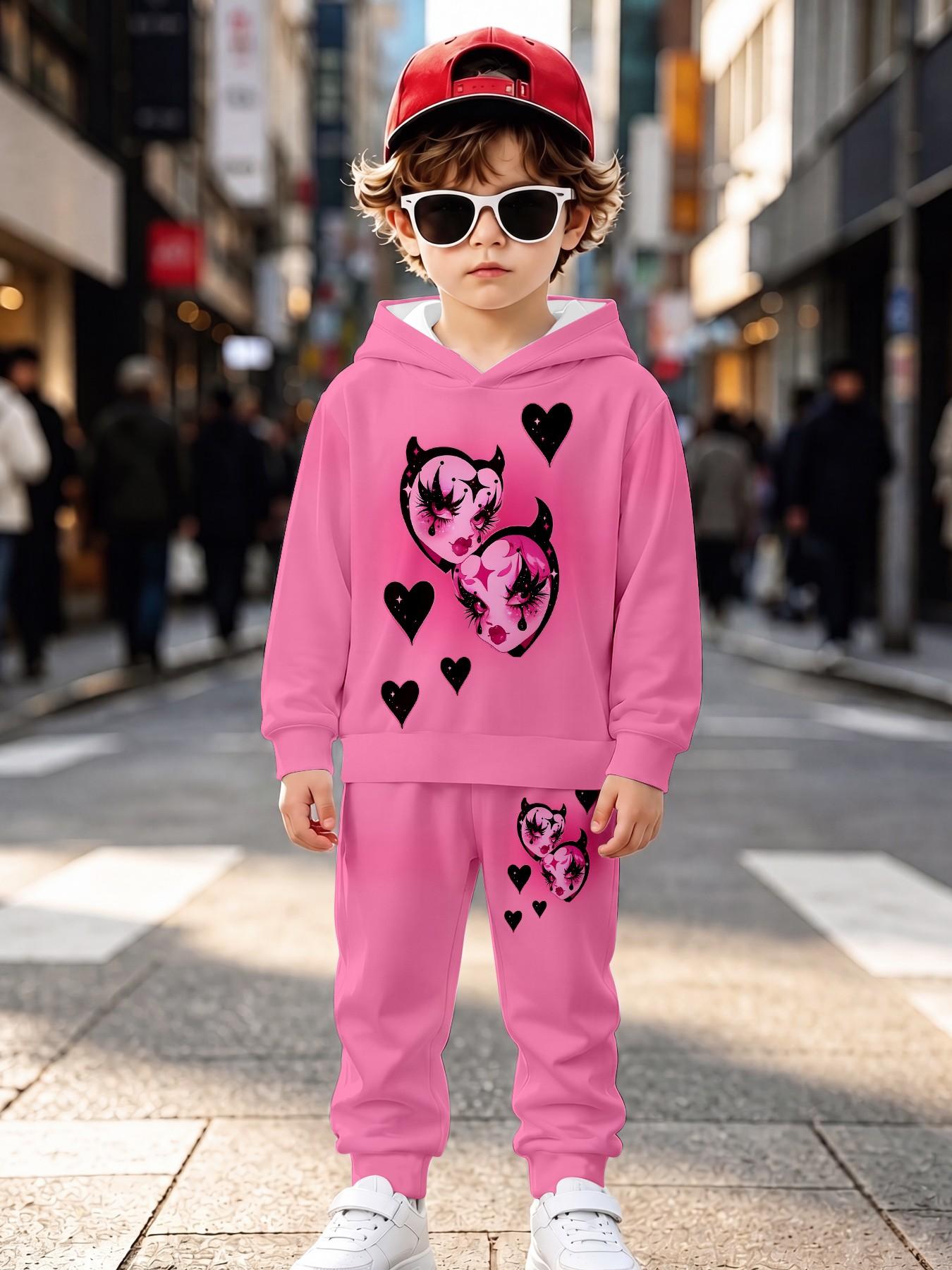 Girls' Sweet Cool Hoodie Set, Heart Devil Cartoon Print, Loose-Fitting Long Sleeve Sweatpants, Trendy Kids Fashion