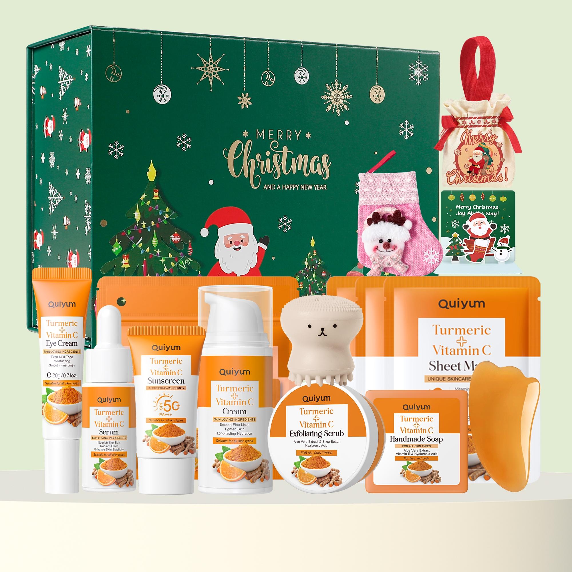 Quiyum Turmeric Vitamin C Skincare Set, Moisturizing Skin Care Kit, Skin Care Sets, Skin Care Products, Including Cleanser, Toner, Cream, Eye Cream, Serum, Soap, Mud Mask, Scraping Pate, Octopus Brush, Gift Box, Skin Care Kit for Women & Girl