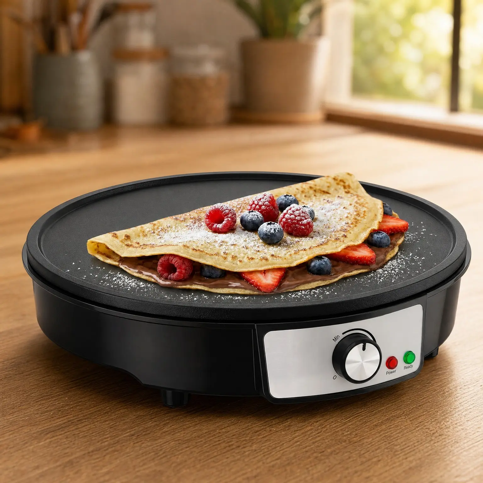 Electric Crepe Maker & Griddle Cooktop - 12 Inch Nonstick Aluminum Hot Plate with Adjustable Temperature Control and LED Indicator Lights - Includes Wooden Spatula & Batter SpreaderGift