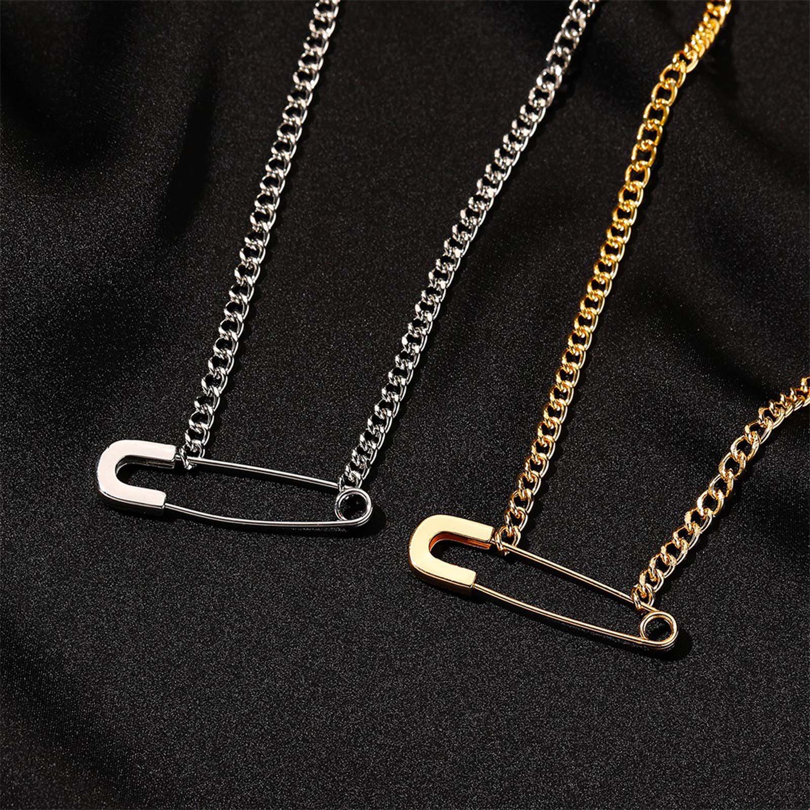 Unisex Paper Clip Shape Artificial Gemstone Alloy Safety Pin Necklace - Modern Edgy Casual Style, 46cm/18.1in Metal Coating Versatile Daily Chain, Women's Adult Jewelry, Couple Birthday Gift