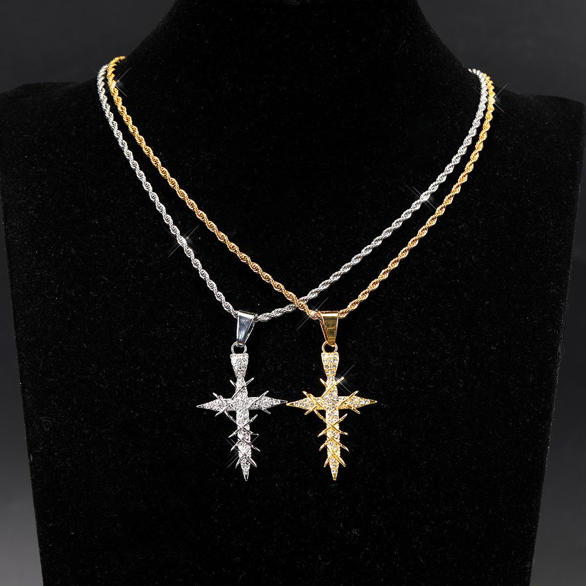 Popular hip-hop style dynamic and sparkling cross pendant necklace with twisted chain, simple alloy design
