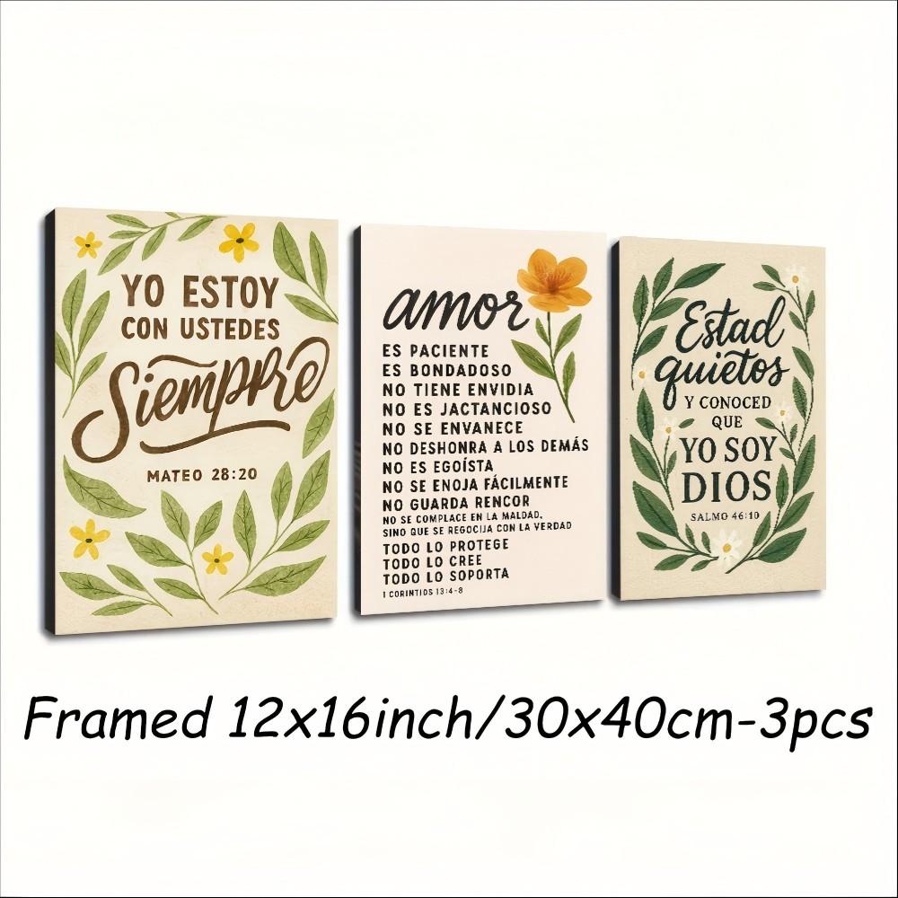 3pcs Religious Canvas Wall Art, Spanish Bible Text, Floral Elements, Wooden Frame, Home Office Church Decor, Jesus Theme Gift