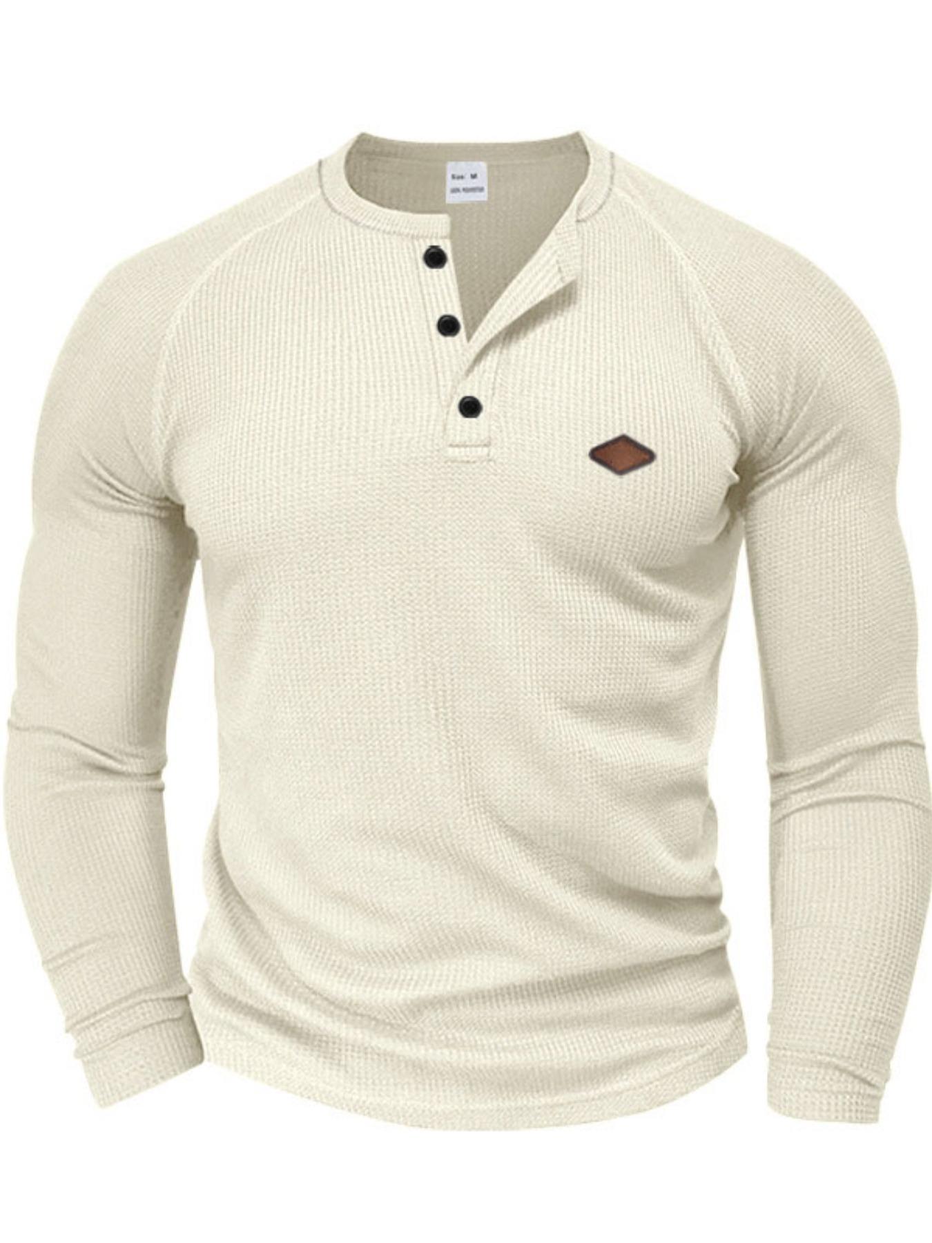 Men's Regular Fit Embroidery Half Placket Button Thumb Hole Design Henley Neck T-shirt, Casual Long Sleeve Tee for Spring & Fall, Fashion Men's Top for Daily Wear