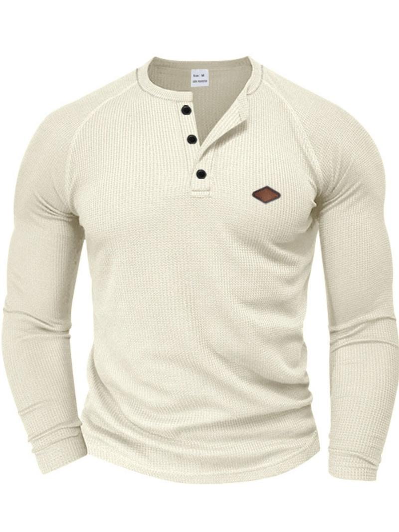 Men's Regular Fit Embroidery Half Placket Button Thumb Hole Design Henley Neck T-shirt, Casual Long Sleeve Tee for Spring & Fall, Fashion Men's Top for Daily Wear