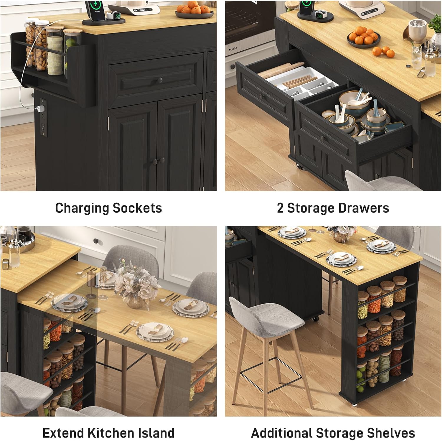 80"-48" Extendable Kitchen Island with Extended Dining Table and Power Outlet,Large Mobile Kitchen Storage Islands with 2 Storage Drawers,Rolling Islands Cart with 3 Extra Rows Open Shelves(White/Black/Brown/Blue)