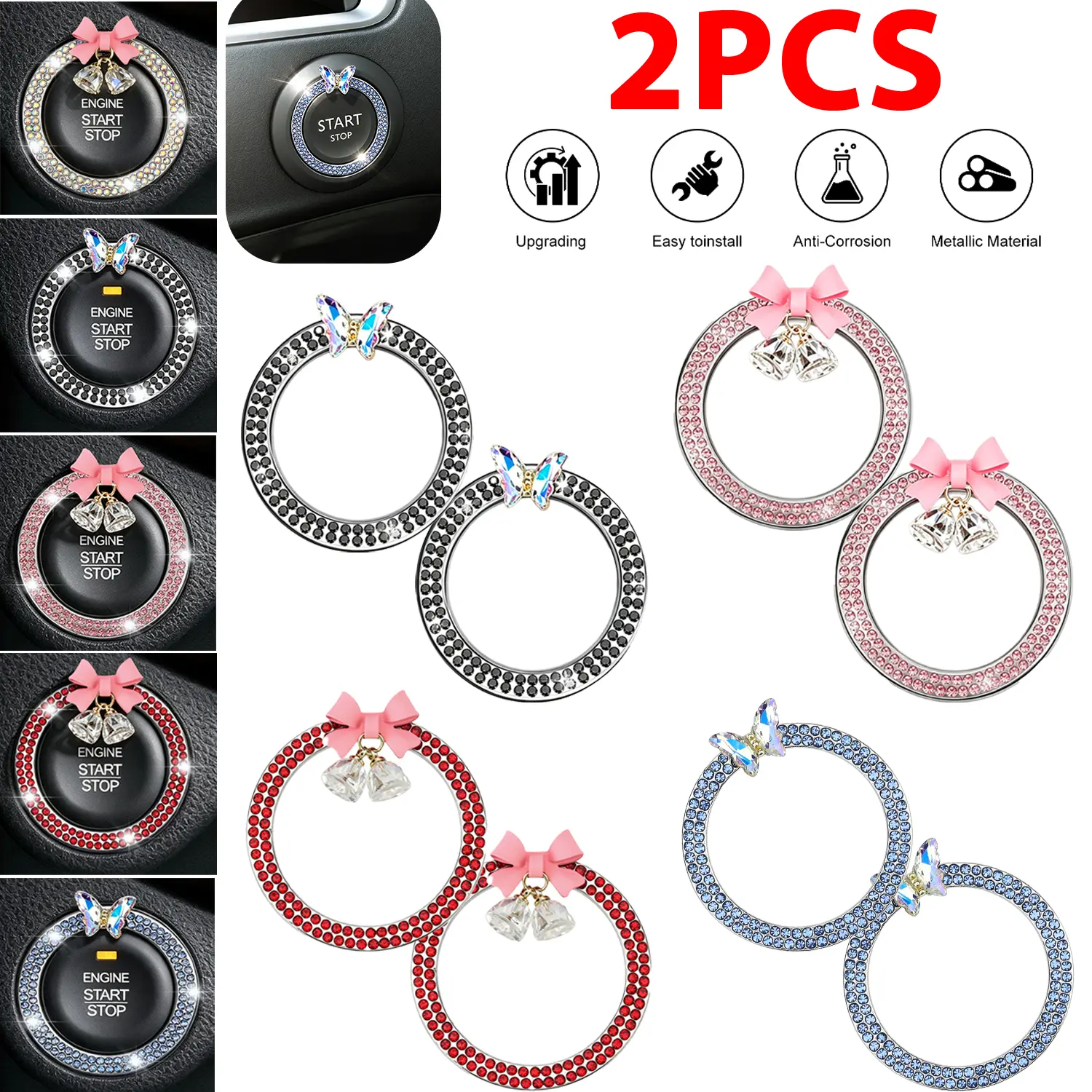 2 PCS Crystal Rhinestone Car Engine Start Decoration Ring,Push to Start Button Crystal Car Stickers,Bling Car Interior Accessories for Women,Automotive Decals