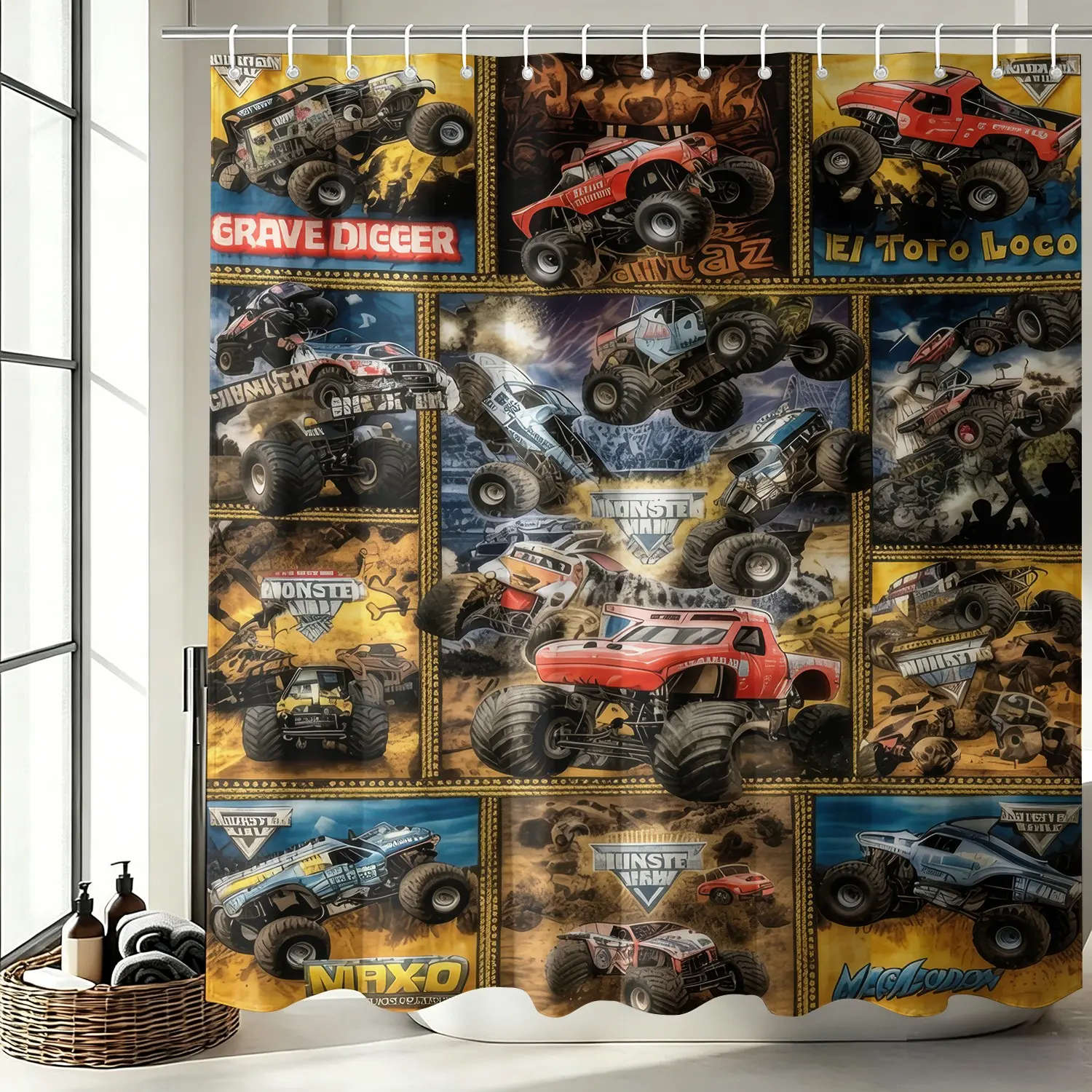 Monster Truck Racing Shower Curtain Set, Waterproof Cloth Fabric Bathtub Curtain 72"x72" with 12 Hooks, Racing Theme Bathroom Decor Accessories, Cool Boy Bedroom Bathroom Decor for Truck Fans Teen Home Decoration