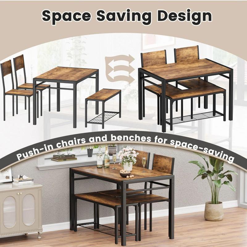 FURMAX Dining Set Table and Chair Set for 4 with Bench Modern Indoor Outdoor Kitchen Living Room Furniture Garden Desk Set Wood Metal Waterproof Desk Chair Set