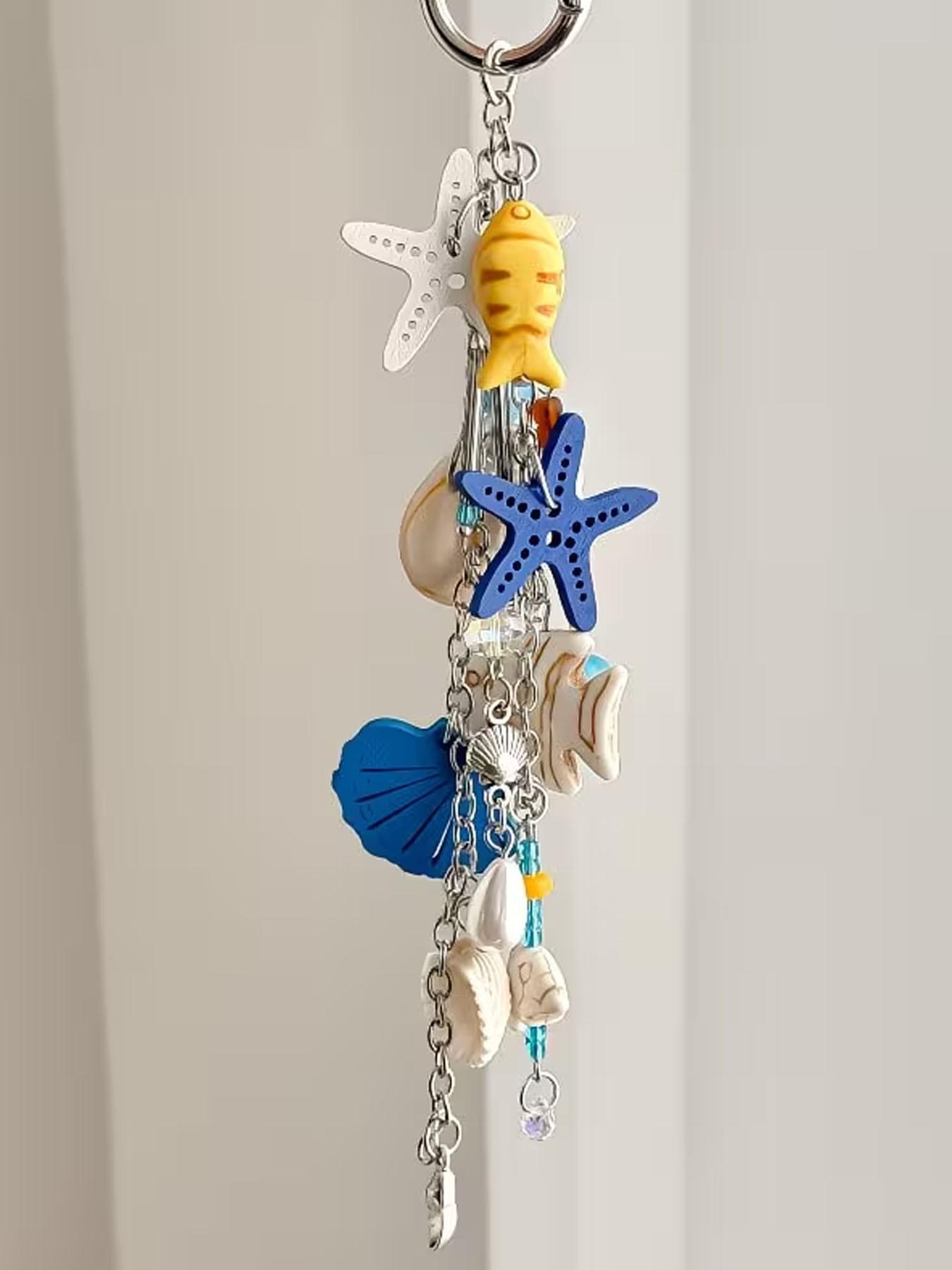 1pc New Starfish Keychain, Ocean Style Multi-Charm Keychain, Starfish Shell Fish-Shaped Beaded Combination, Full of Atmosphere, Versatile And Practical, Niche High-End Vacation Style Bag Charm, Ocean Series Ornaments
