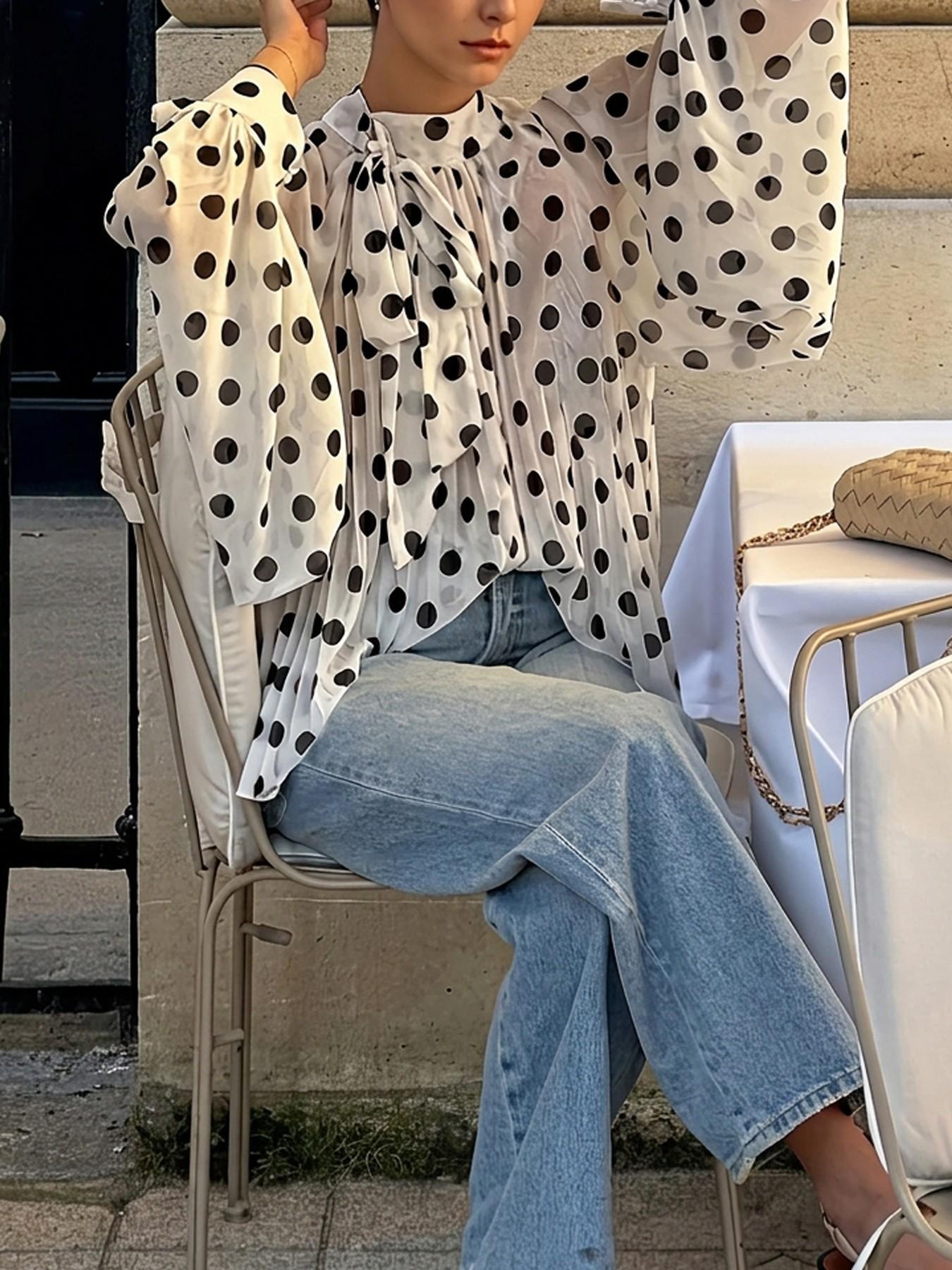 Women's Polka Dot Sheer Chiffon Blouse, Bow Tie Neck & Long-Sleeve Top, Loose Fit Elegant Feminine Shirt for Casual Daily, Party, Commute & Vacation Wear, Spring Summer Layering