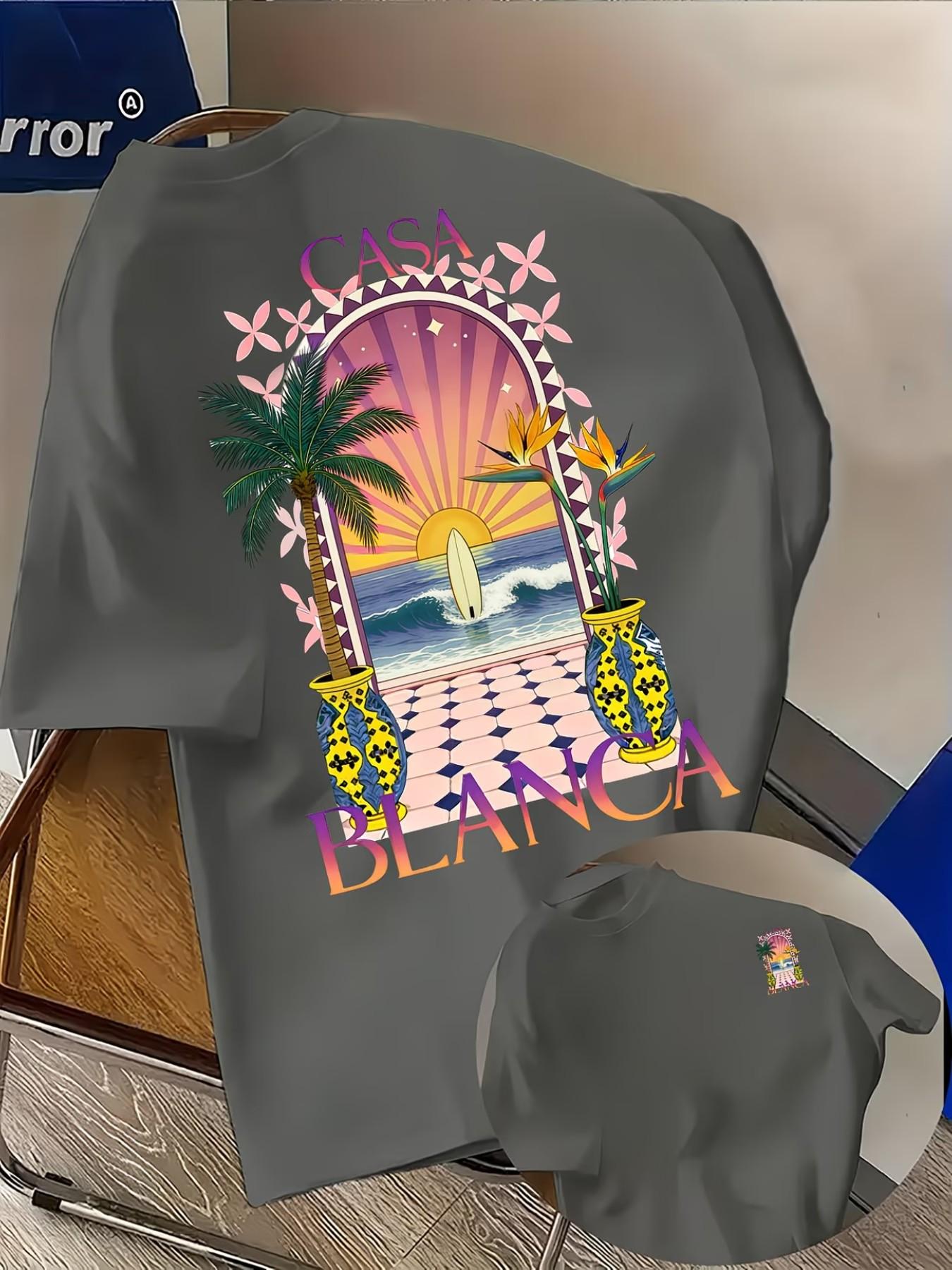 Men's Casual Comfortable Short Sleeve T-Shirt, Casablanca Pattern Front and Back, Loose Fit, Ideal for Daily Wear, Travel, Dating