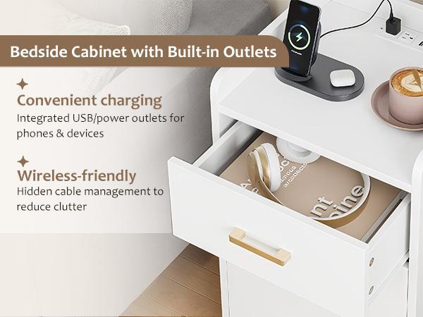 FOTOSOK Nightstands Set of 2 Black Nightstand with Charging Station, 3 Drawer Nightstand with Gold Handles, Side Table for Home Office