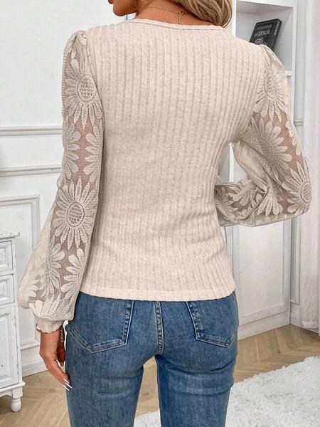 Women's Ribbed Tee, Elegant Long Sleeve Top for Spring & Fall, Women's Clothing for Daily Wear, Lady Clothes