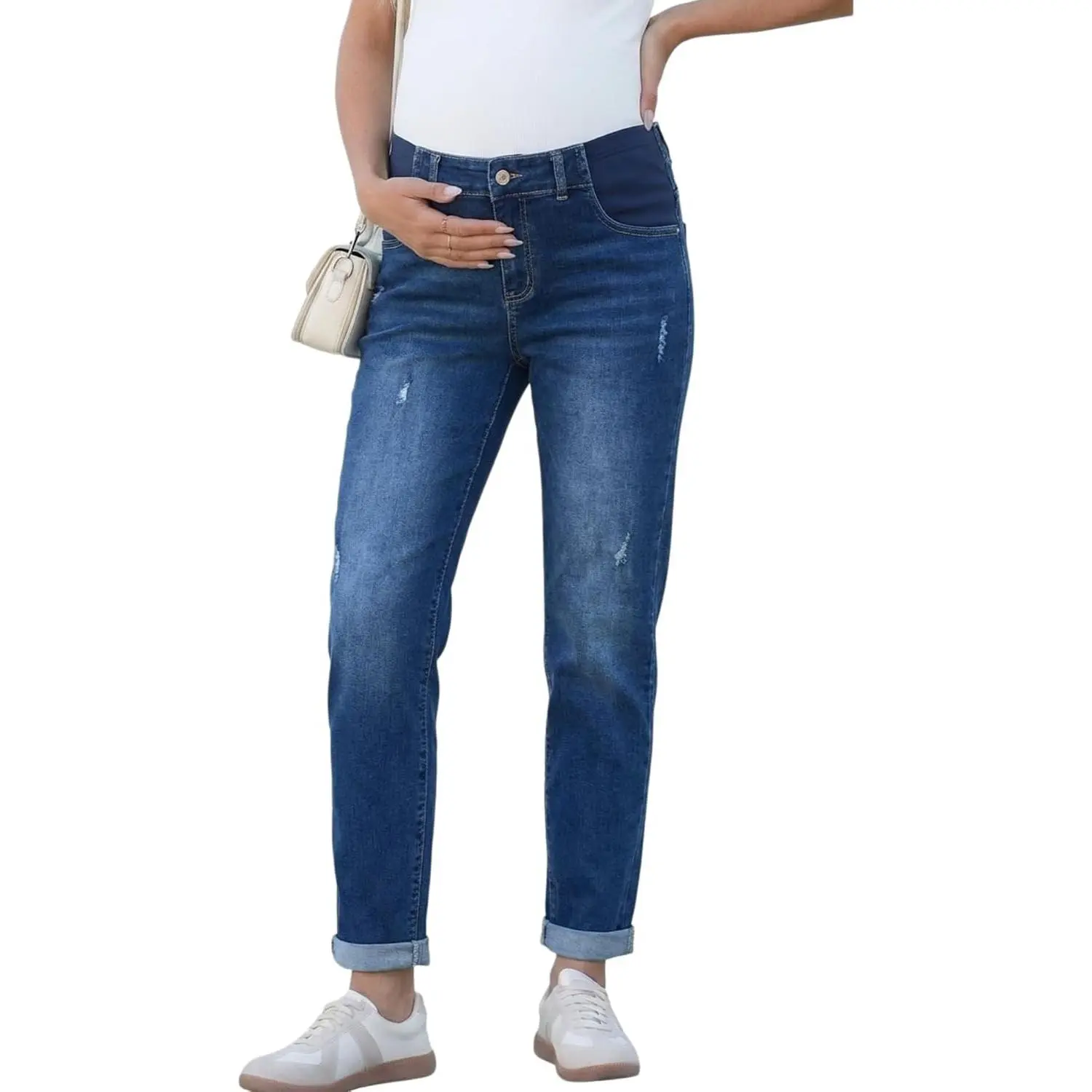 Maternity Jeans High Rise Stretchy Waistband Straight Leg | Pregnancy Clothes Cuffed Jean, Ankle-Length Distressed Summer, Casual Denim Office Pants
