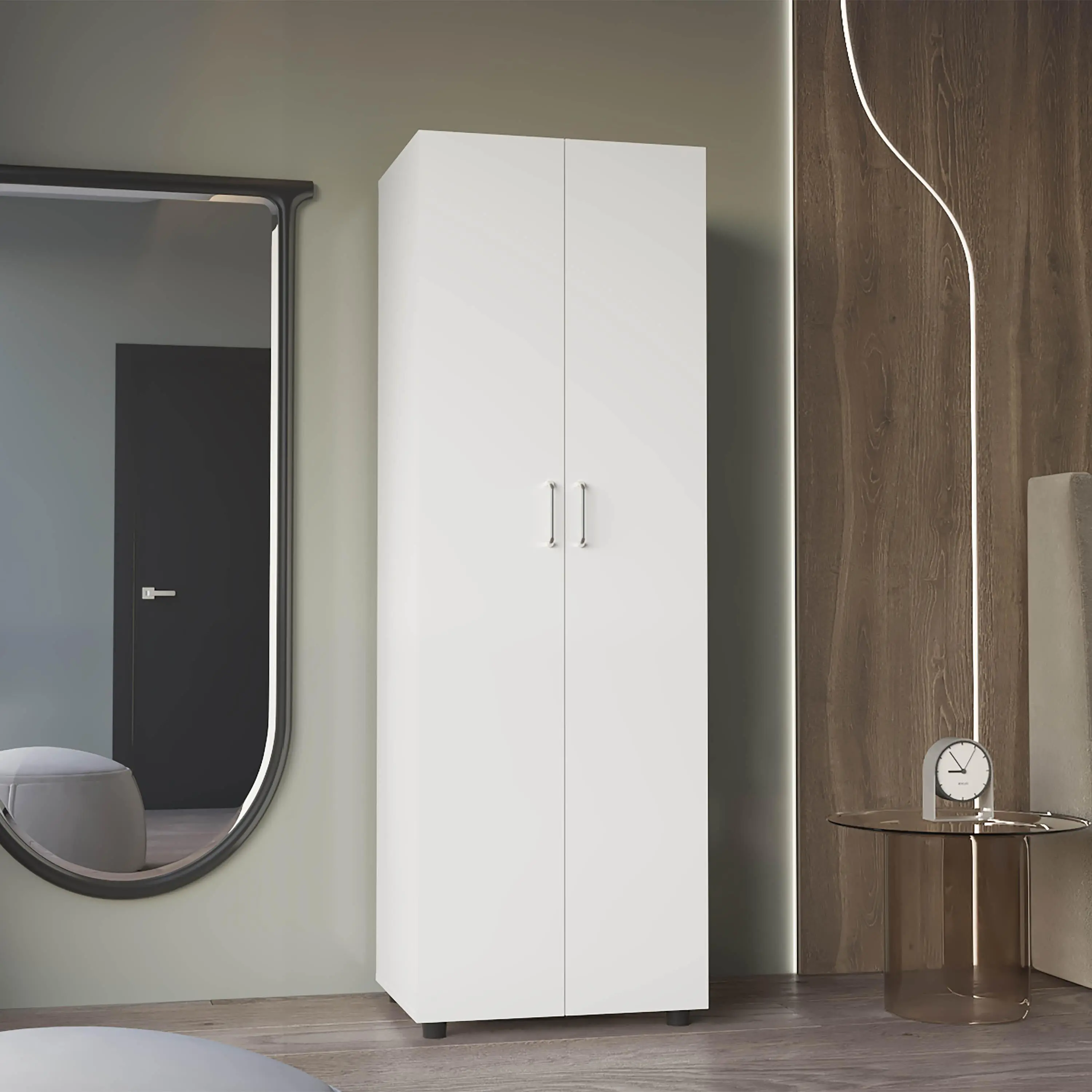 Tall White Double Door Armoire Wardrobe with Hanging Rod and Two Shelves, Engineered Wood Bedroom Clothes Organizer, 23.6 x 19 x 70.8 in