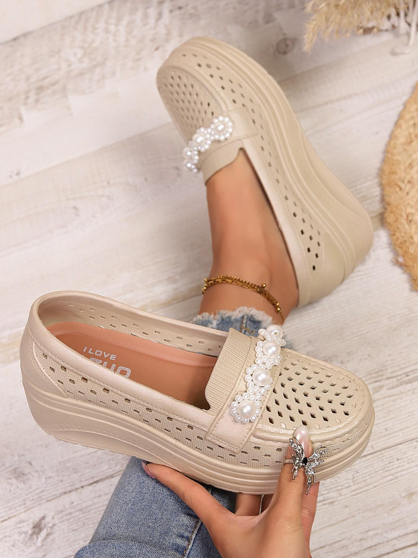 Summer New Metal Buckle, Bowknot, Pearl Decorative Hollow Out Breathable Platform Shoes, Thick Sole Heeled Loafers, Slip-On Lazy Shoes
