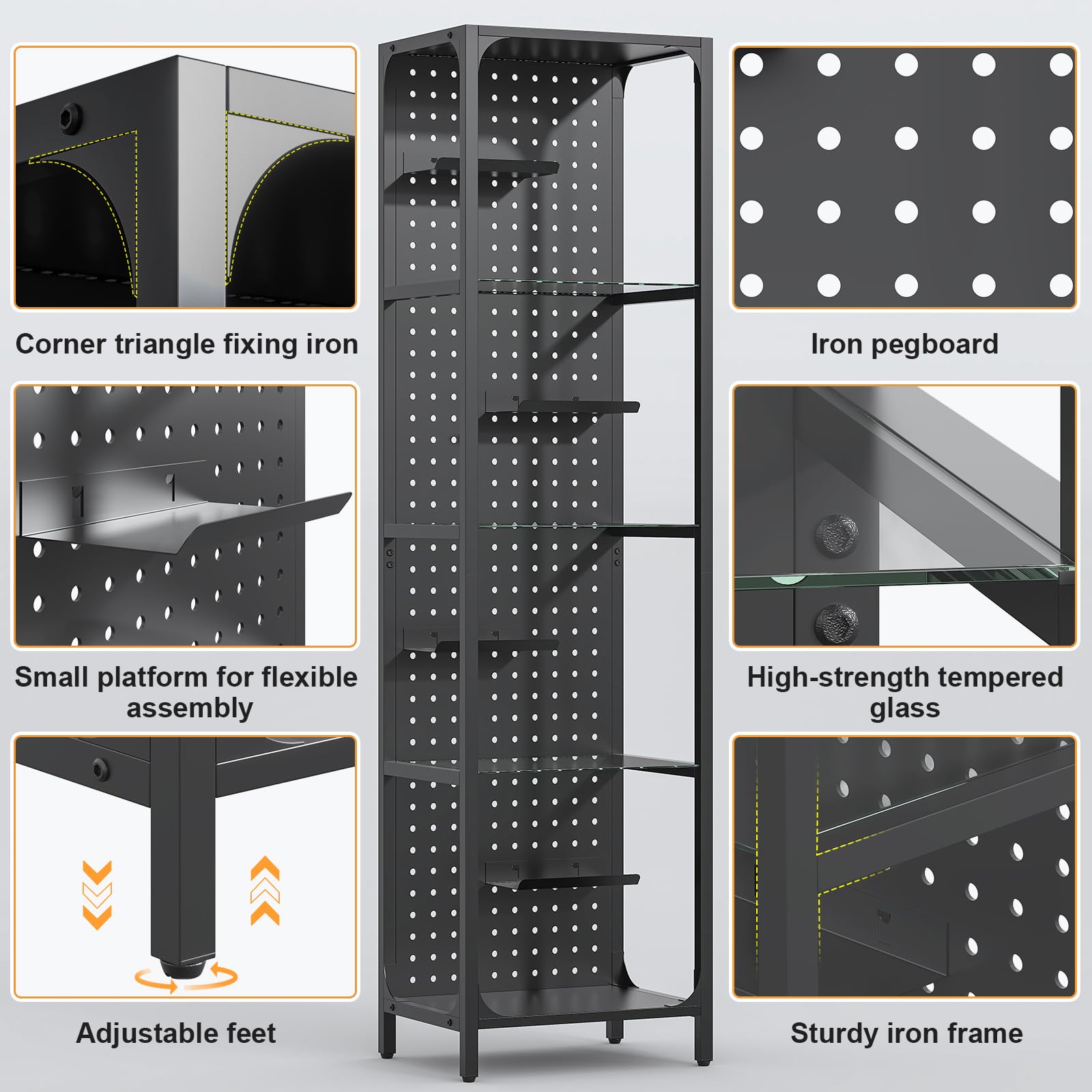 Glass Display Shelf for Collectibles, LED Black Shelf, Curio Cabinet, Lighted Tall Narrow Shelf with Pegboard Steel Frame for Gaming Room, Floor Lamp with Shelves, Living Room, Bedroom, Small | for Collectibles, LED, Lighted, for Gaming Room, Living Room