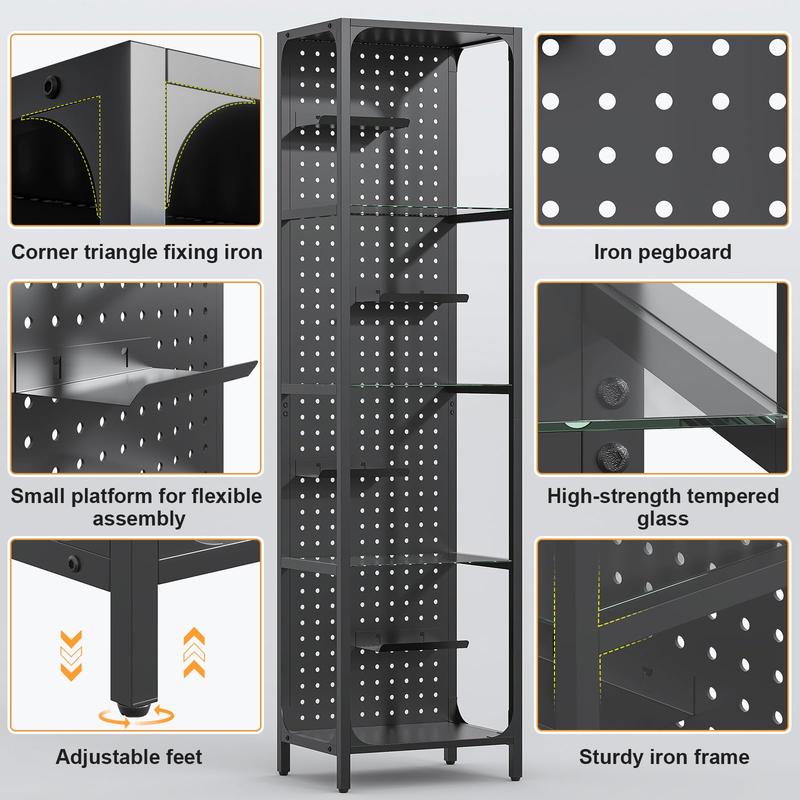 Glass Display Shelf for Collectibles, LED Black Shelf, Curio Cabinet, Lighted Tall Narrow Shelf with Pegboard Steel Frame for Gaming Room, Floor Lamp with Shelves, Living Room, Bedroom, Small | for Collectibles, LED, Lighted, for Gaming Room, Living Room