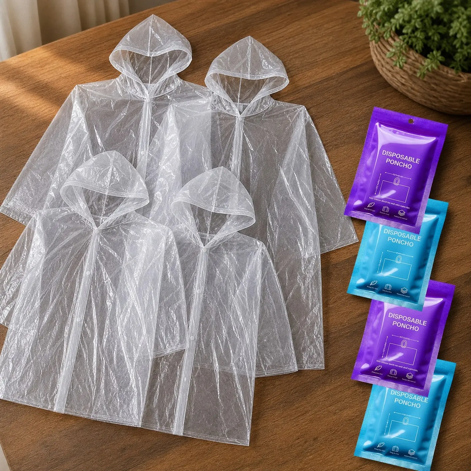 Disposable Rain Ponchos for Adults & Kids Family Pack - Clear, Compact, Breathable Emergency Ponchos with Hood for Travel, Hiking, CampingGift
