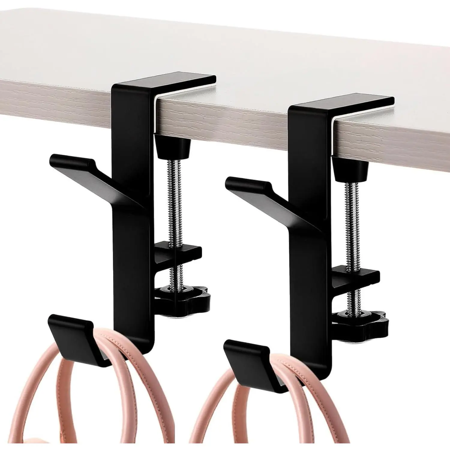 2 count Clamp- Under Desk Headphone Holder Backpack Hook Students' Desk Hook with Adjustable Arm Clamp Women's Bag Handbag and Purse Holder - Suitable for Plate Between 1-5cm / 0.4-1.96” - Black
