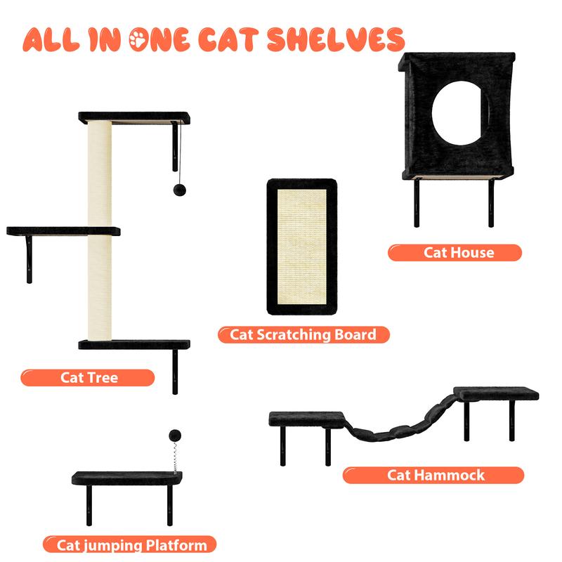 10-Piece Wall-Mounted Cat Climbing Set, Complete Vertical Playground with Cozy House, Scratching Board,  Tree, Hammock & Jumping Platform-Christmas Gifts.