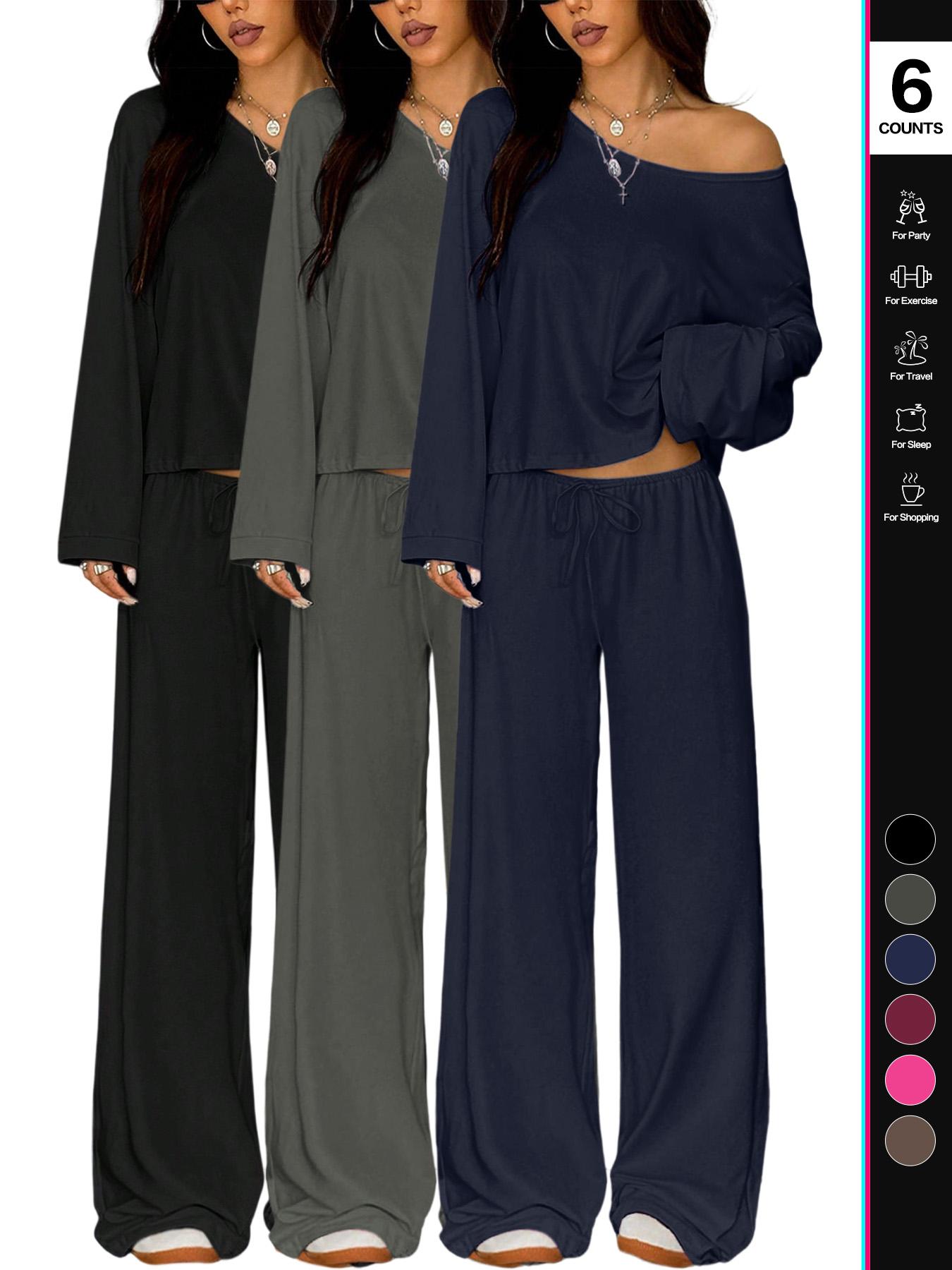 Women's 2 Piece Matching Lounge Set Off The Shoulder Long Sleeve Top and Drawstring Wide Leg Pants Casual Sweatsuit