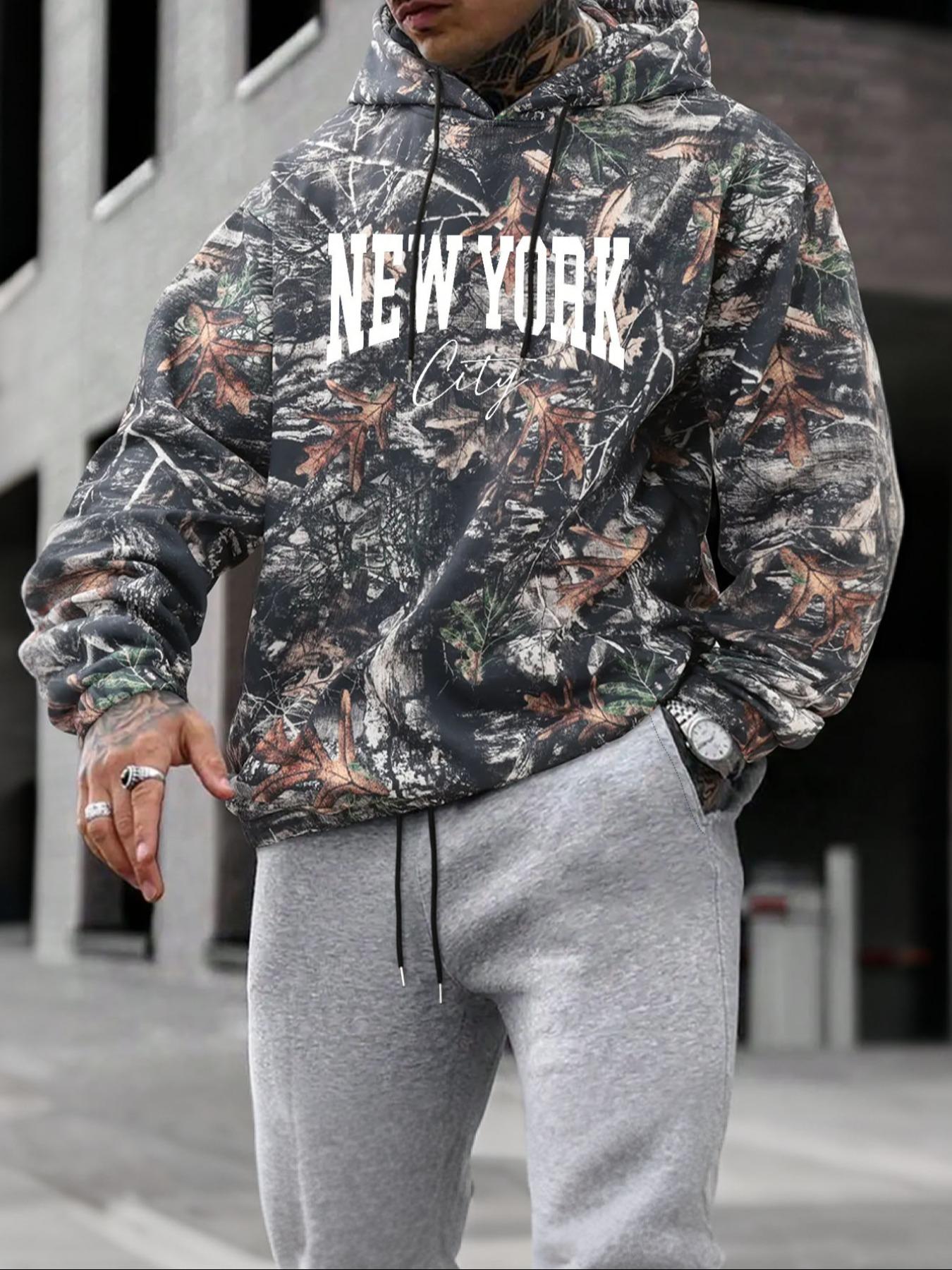 Men's Camo Print Hoodie, Regular Fit Casual Letter Print Long Sleeve Hooded Sweatshirt for Fall & Winter, Men's Top for Daily Wear