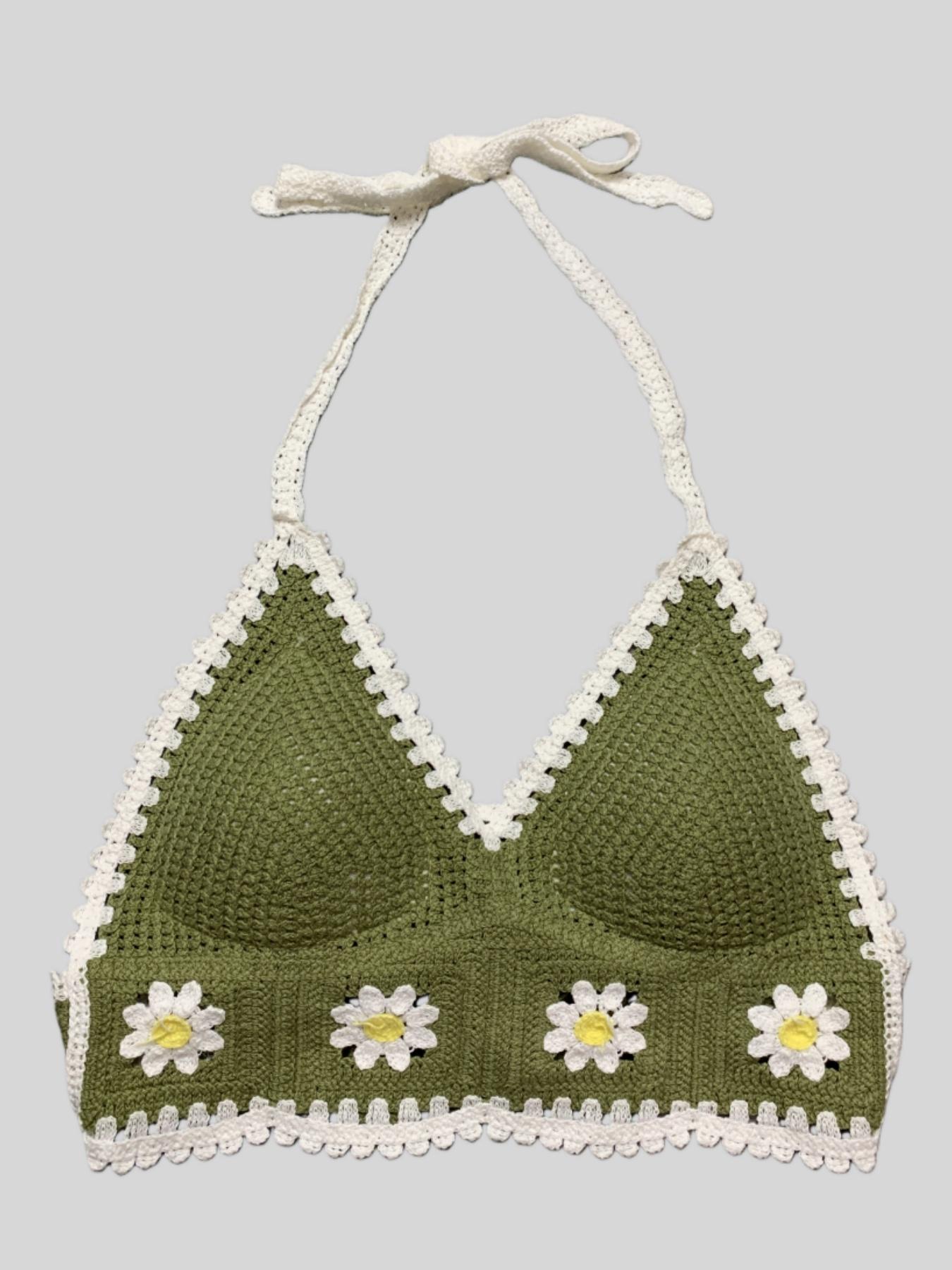 Boho Embroidered Flower Bikini Set, Summer New Halter Backless Swimsuit with Padded Bra, Sexy Sleeveless Crop Top for Vacation and Party