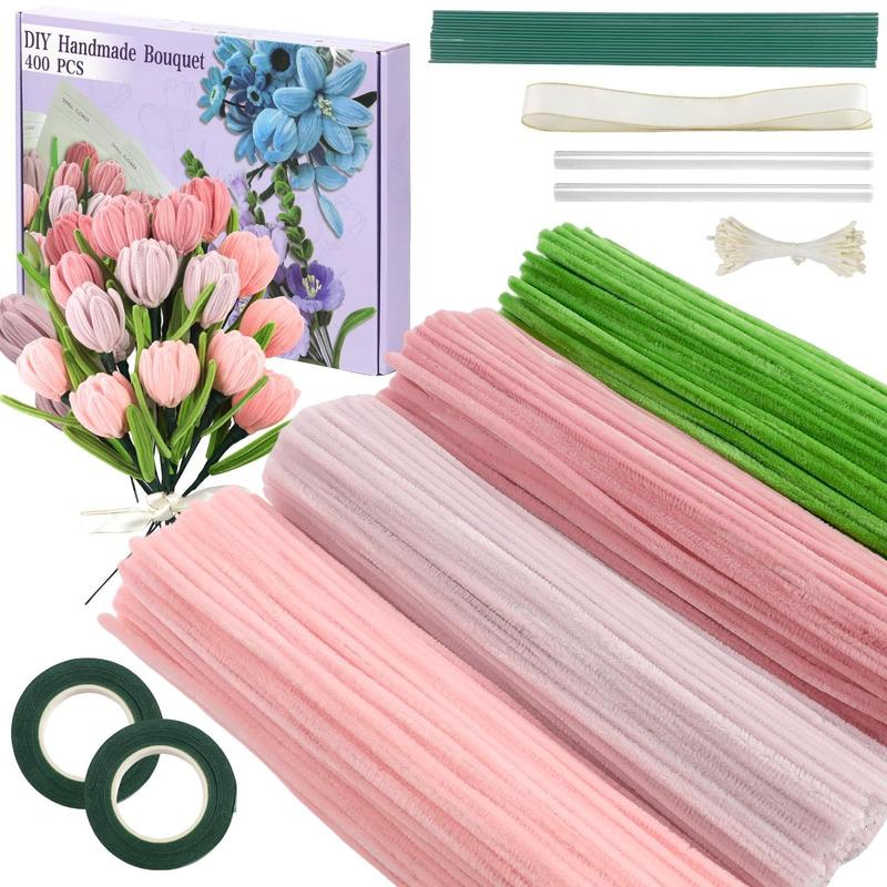 DIY Craft Kit, 400 Pieces Pipe Cleaners, 4 Colors, Chenille Stems, Floral Making Supplies, Includes String, Tape, Buds & Ribbons