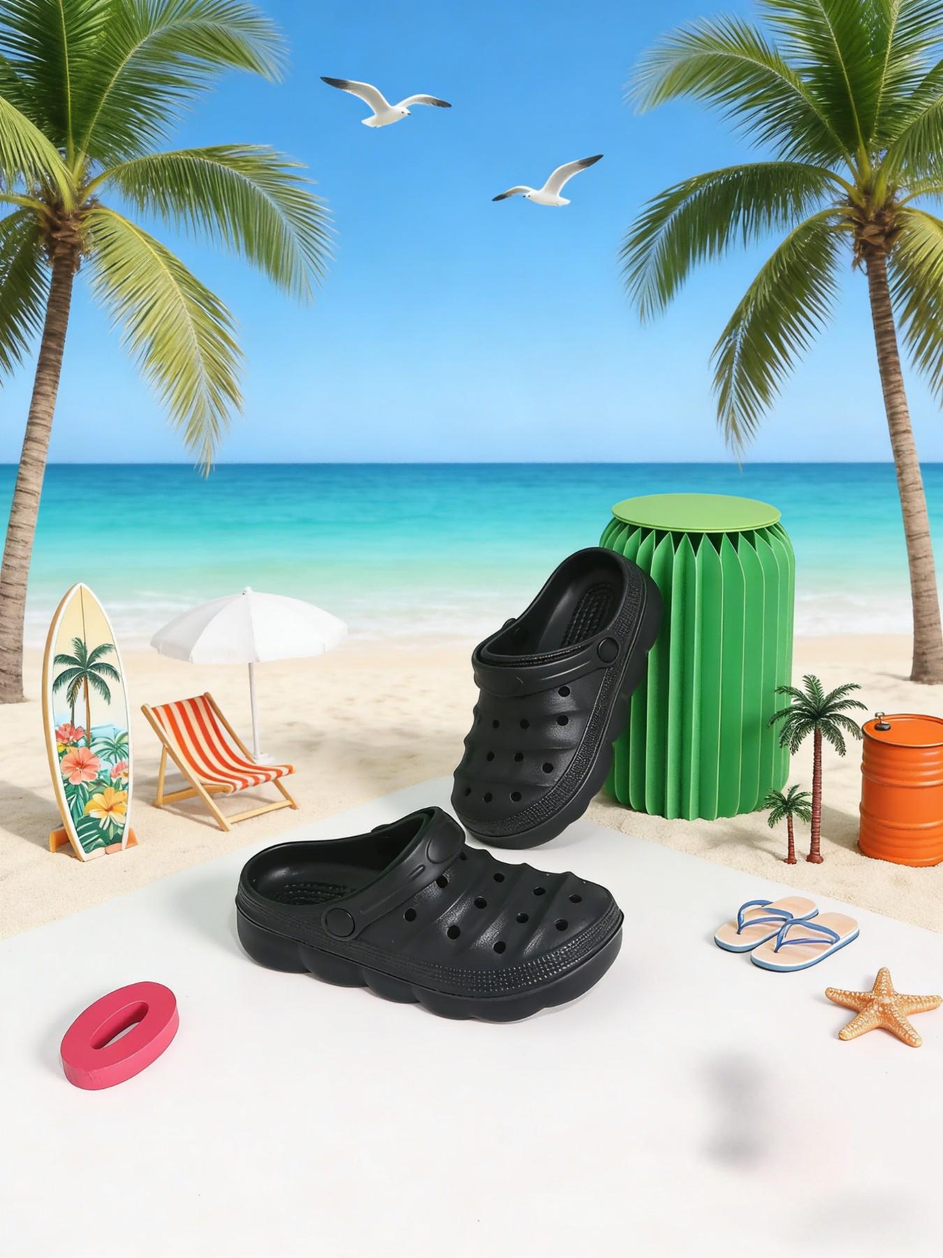 Summer New Pure Color Holey Shoes, Cute Thick Sole Anti-Slip Comfortable Breathable Closed-Toe Kids Sandals, Beach Resort Indoor Outdoor Slippers, Eva Slippers, Casual Beach Slippers
