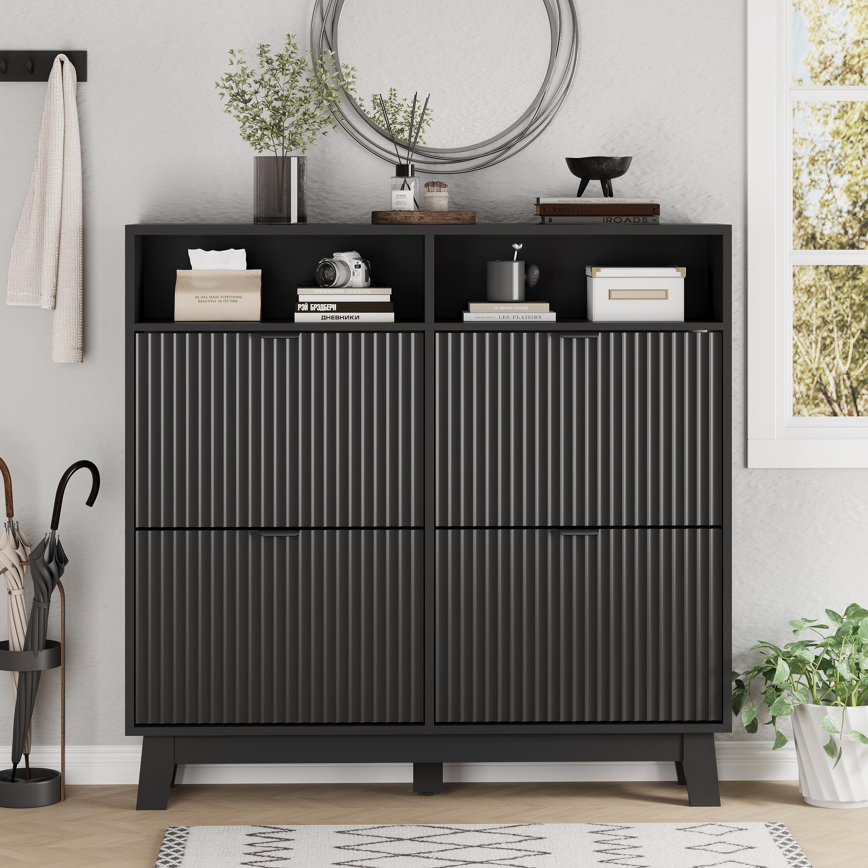 Shoe Cabinet Storage for Entryway with 4 Flip Drawers, Fluted Narrow Shoe Organizer with Wooden Legs & Top Cubby, Freestanding Slim Shoe Storage Hidden Shoe Rack for Front Door Entrance Shoe Cabinet Storage for Entryway with 4 Flip Drawers, Fluted Narrow Shoe Organizer with Wooden Legs & Top Cubby, Freestanding Slim Shoe Storage Hidden Shoe Rack for Front Door Entrance