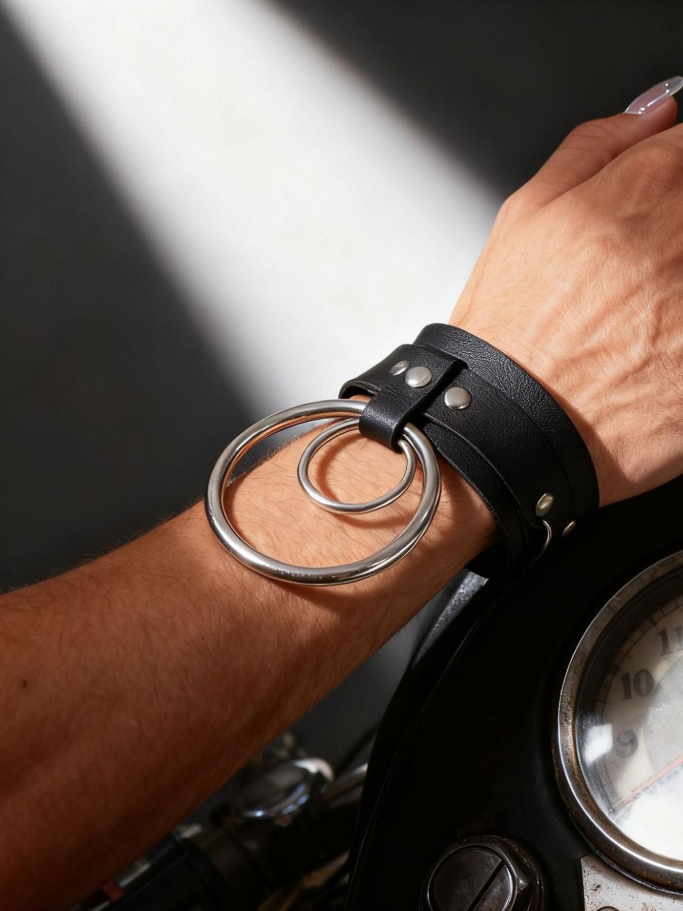 Punk Rock Exaggerated Large Circle PU Leather Fashion Bracelet Anklet Set, Unisex Couple Halloween Costume Accessories