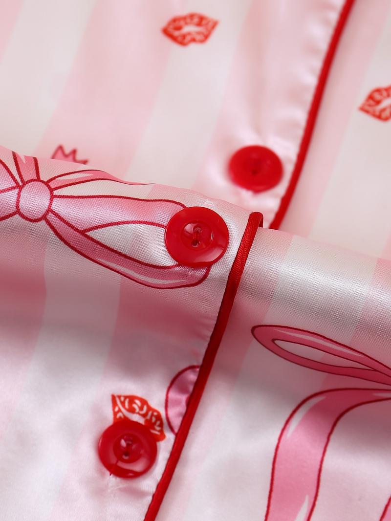 Women's Butterfly Print Sleepwear Set, Elegant Home Clothing for Valentine's Day, Shirt Collar Short Sleeve & Elastic Shorts