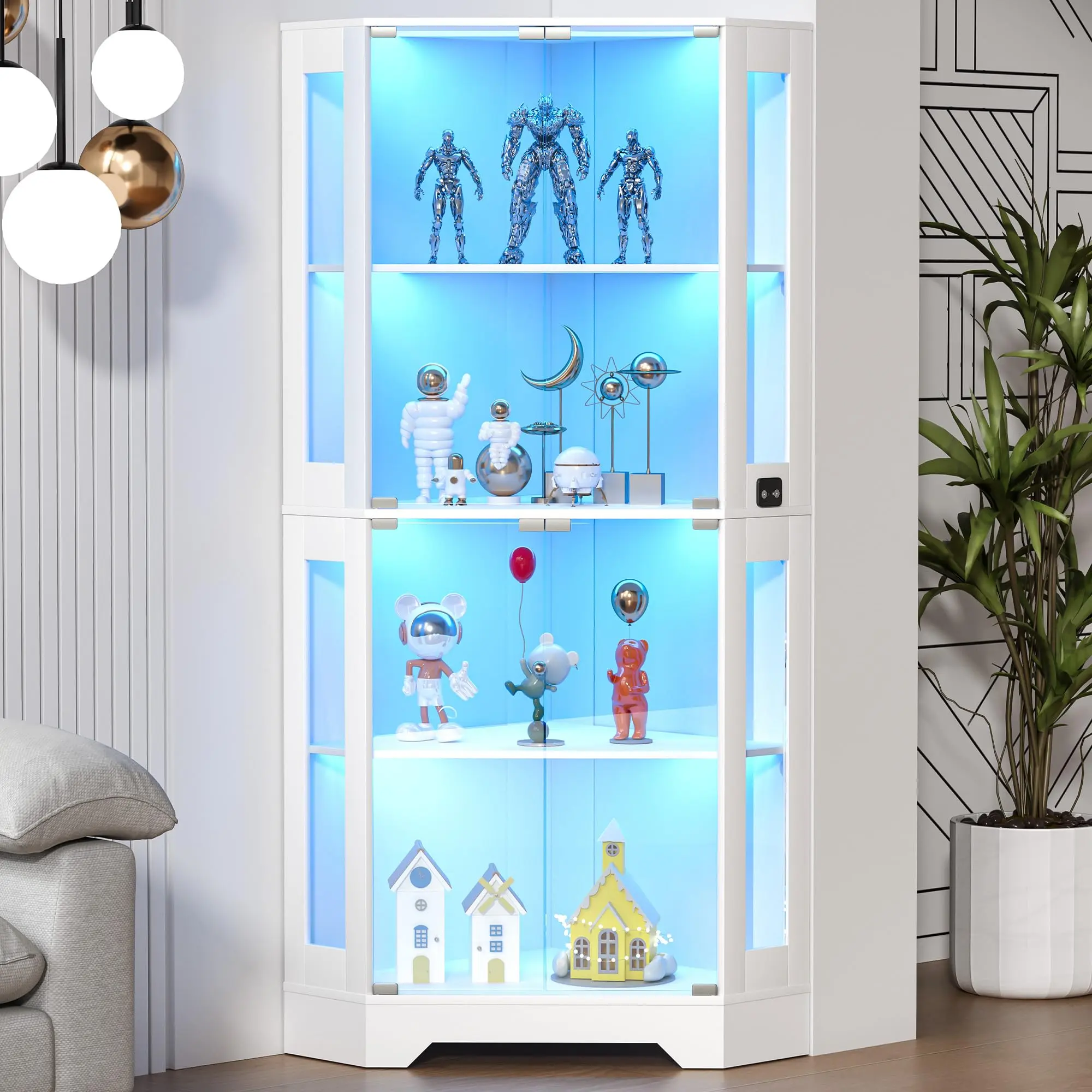 Modern LED Glass Corner Display Cabinet for Dining Room – Detector Shelves, Glass Doors, Curio Storage for Collectibles, Books, Decor – 65-Inch Showcase