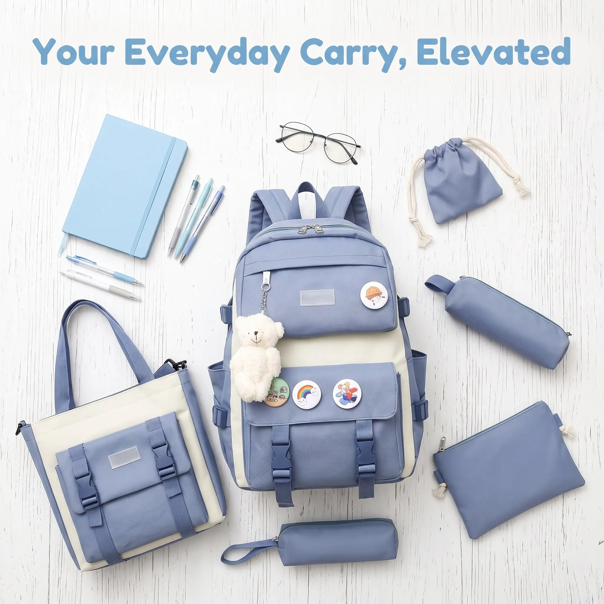 5-Piece Canvas Backpack Set - Comfortable, Solid Colors, Large Capacity, Korean Silhouette, Curved Straps, Top Zip, Organizer Pockets, Breathable, Durable, Ideal for Daily School Use