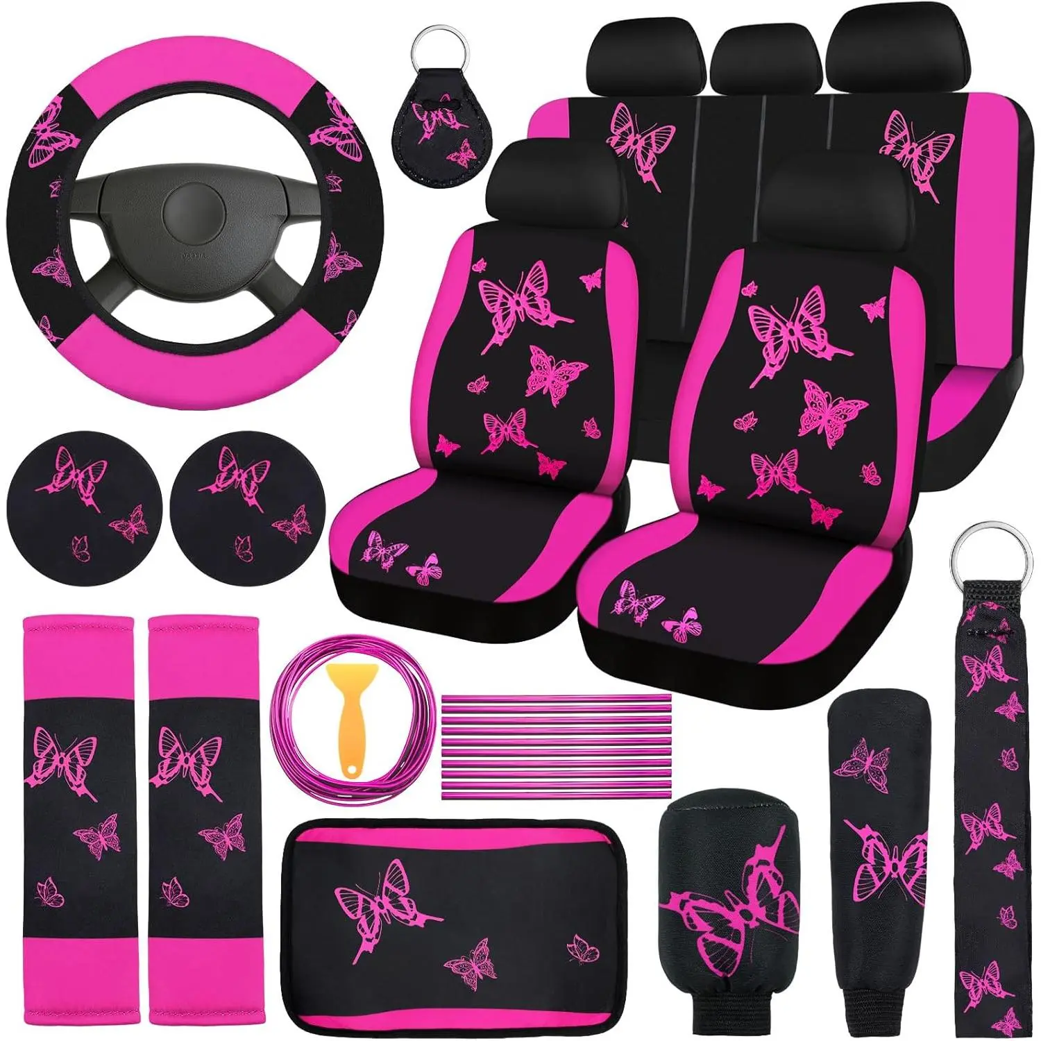 BBTO 43 Pcs Car Seat Cover Set for Women SUV,Butterfly,Rose, Black| Full Interior Protection Kit, with Breathable Fabric, Easy to Install, Fits Cars Trucks Suv, Complete Accessories Set