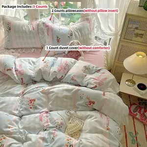 3-Piece Korean Style Blue Bow Print Decorative Bedding Set, Includes 1 Fitted Sheet & 2 Pillowcases, Breathable Fabric, All-Season Use, Easy Care