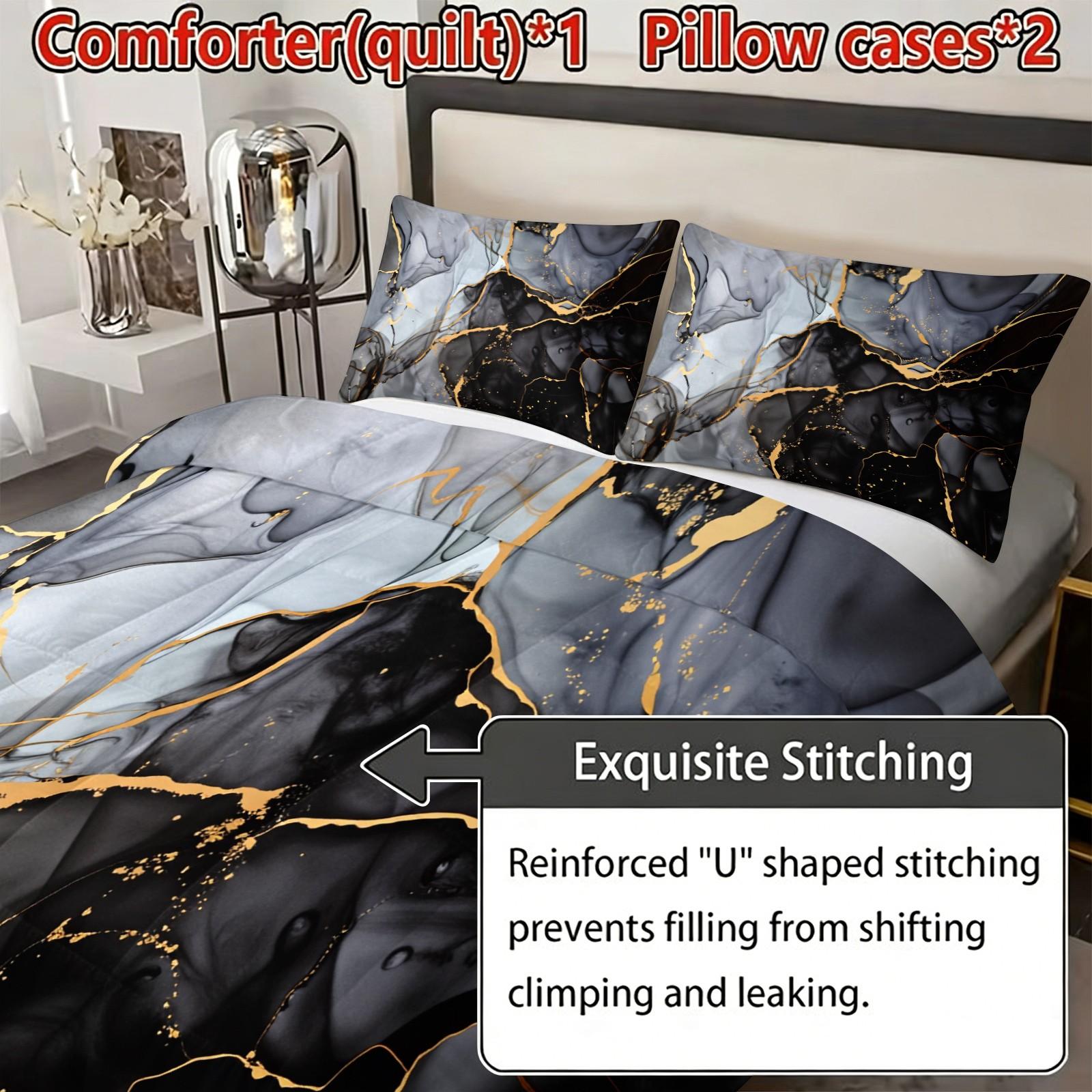 3-Piece Marble Pattern Bedding Set - Soft, Lightweight, Breathable Bedding with 200gcm Quilted Filler, Includes 1 Quilt and 2 Pillowcases (excluding pillow core) Suitable for bedroom and dormitory exclusive decoration for teenagers and adults
