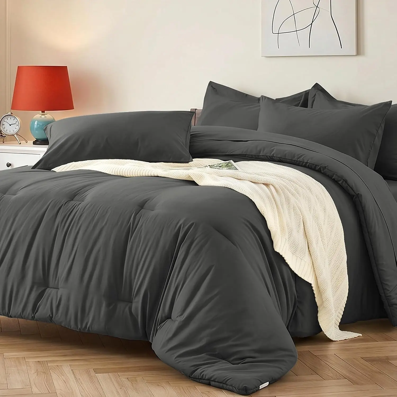 King Comforter Set 7 Piece with Lightweight Comforter Dark Gray Bedding Set Soft Microfiber All Season Bed in a Bag with Shams Decorative Pillows for Bedroom Guest Room Dorm