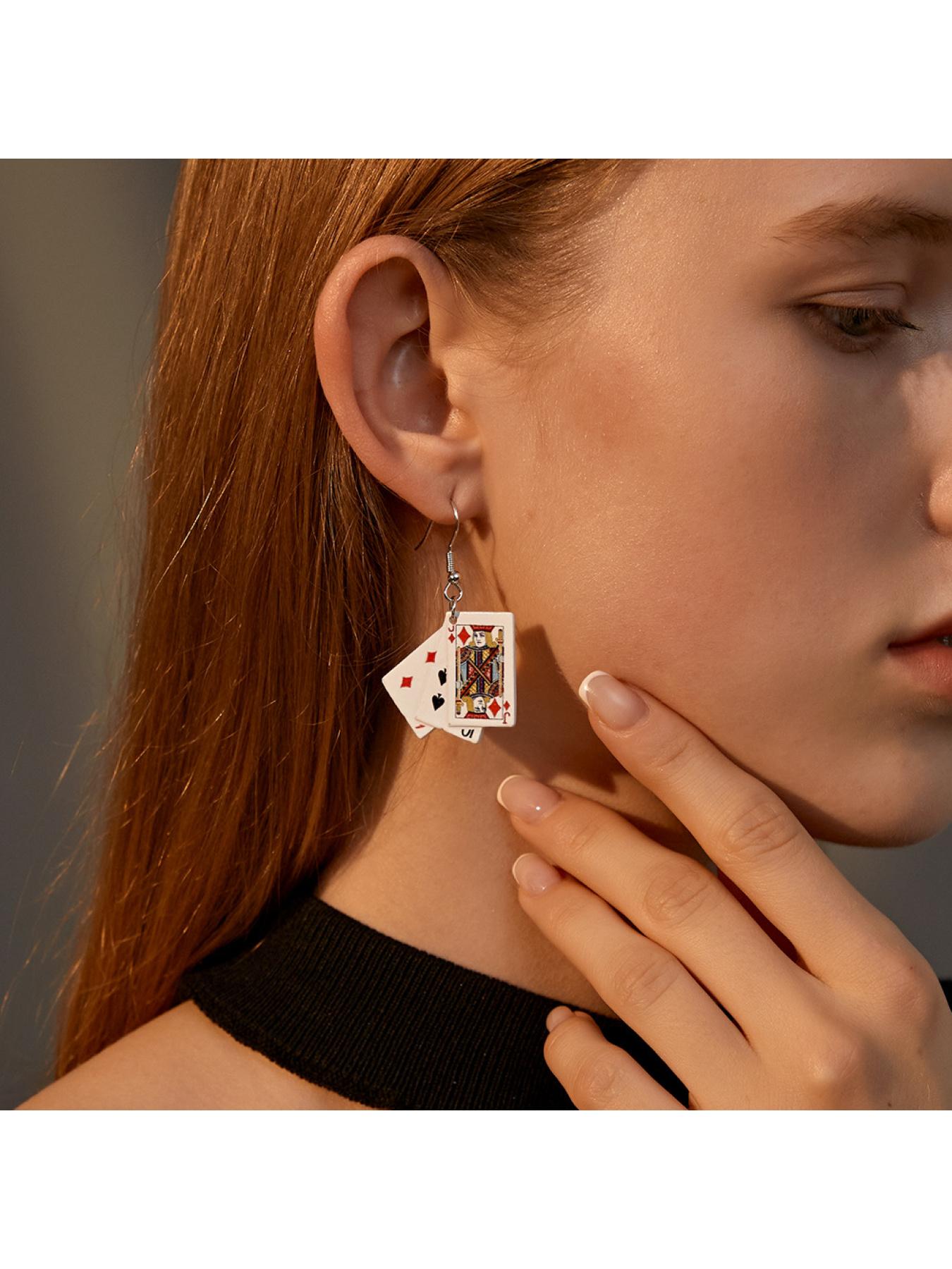 Unique and cool fun realistic earrings, minimalist style internet celebrity accessories, creative handmade quirky playing card earrings