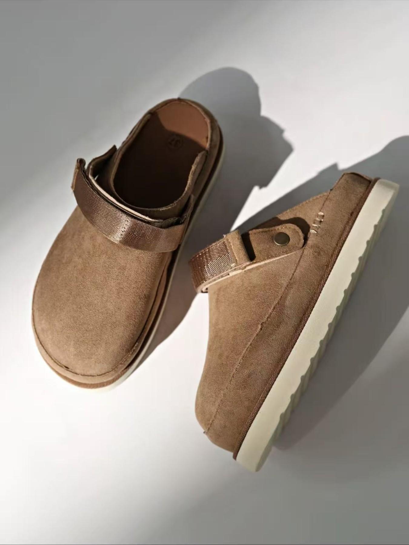 Women's Platform Mules Clogs, Closed Toe Backless Slippers, Adjustable Strap, Casual Suede Slip on Loafers for Walking, Shopping, Travel